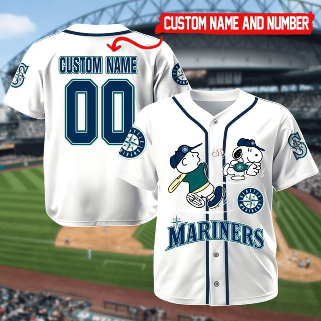 Seattle Mariners Charlie Brown And Snoopy Playing Baseball Jersey Custom For Men And Women