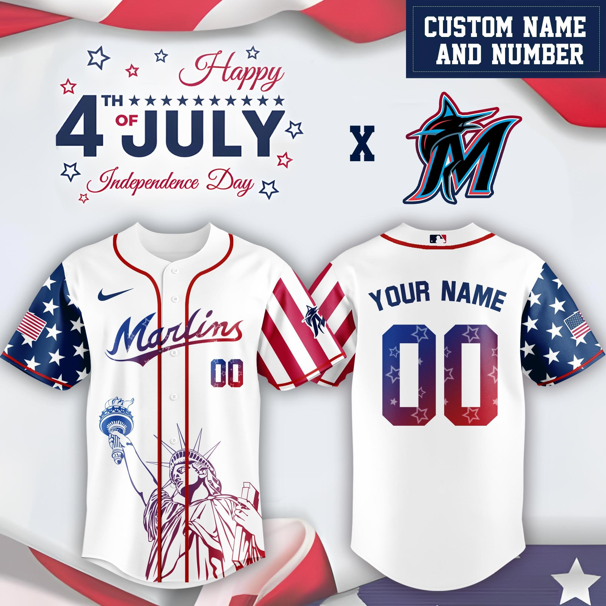 MLB Miami Marlins Special Independence Day Baseball Jersey Personalized