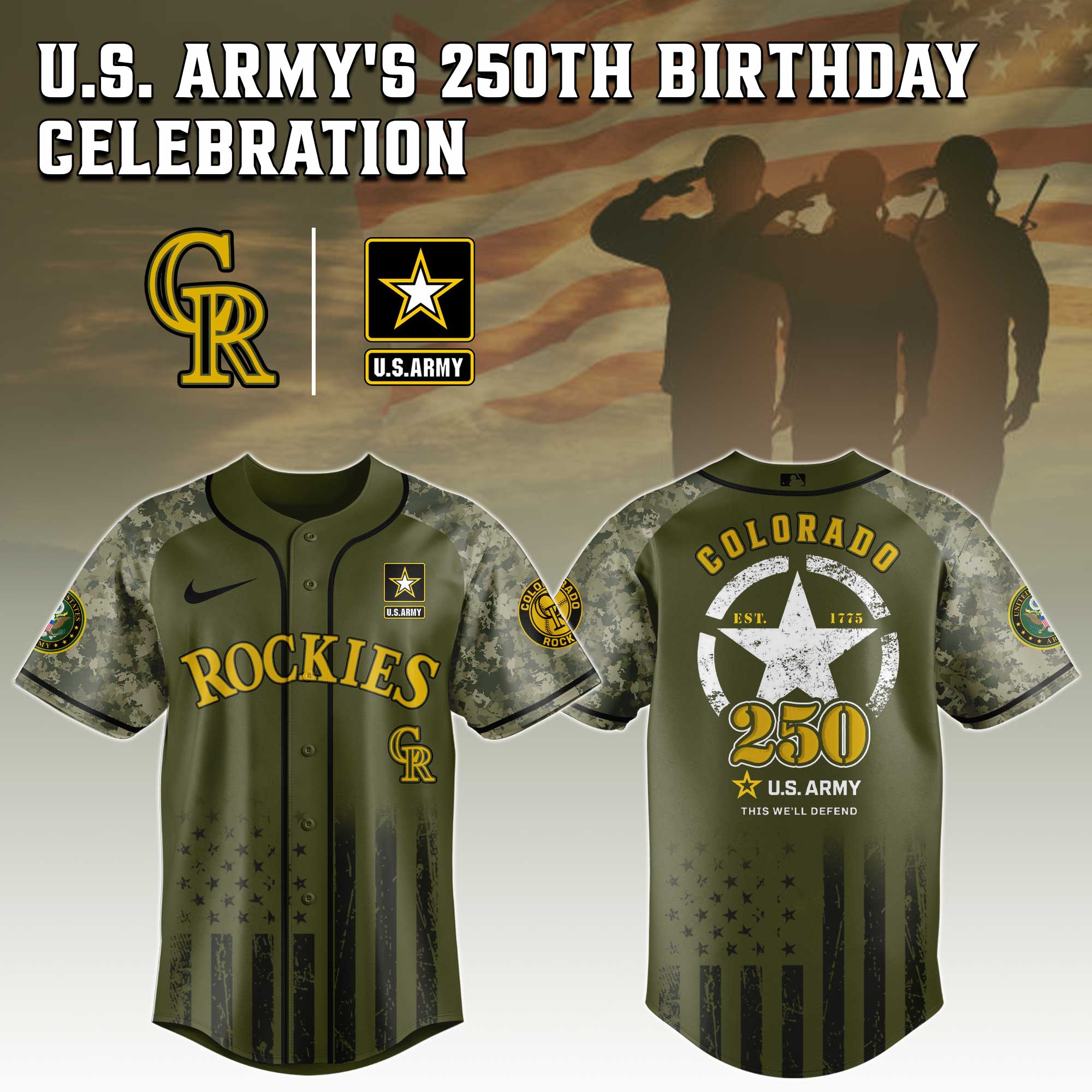 Colorado Rockies MLB 250th anniversary US Army Baseball Jersey