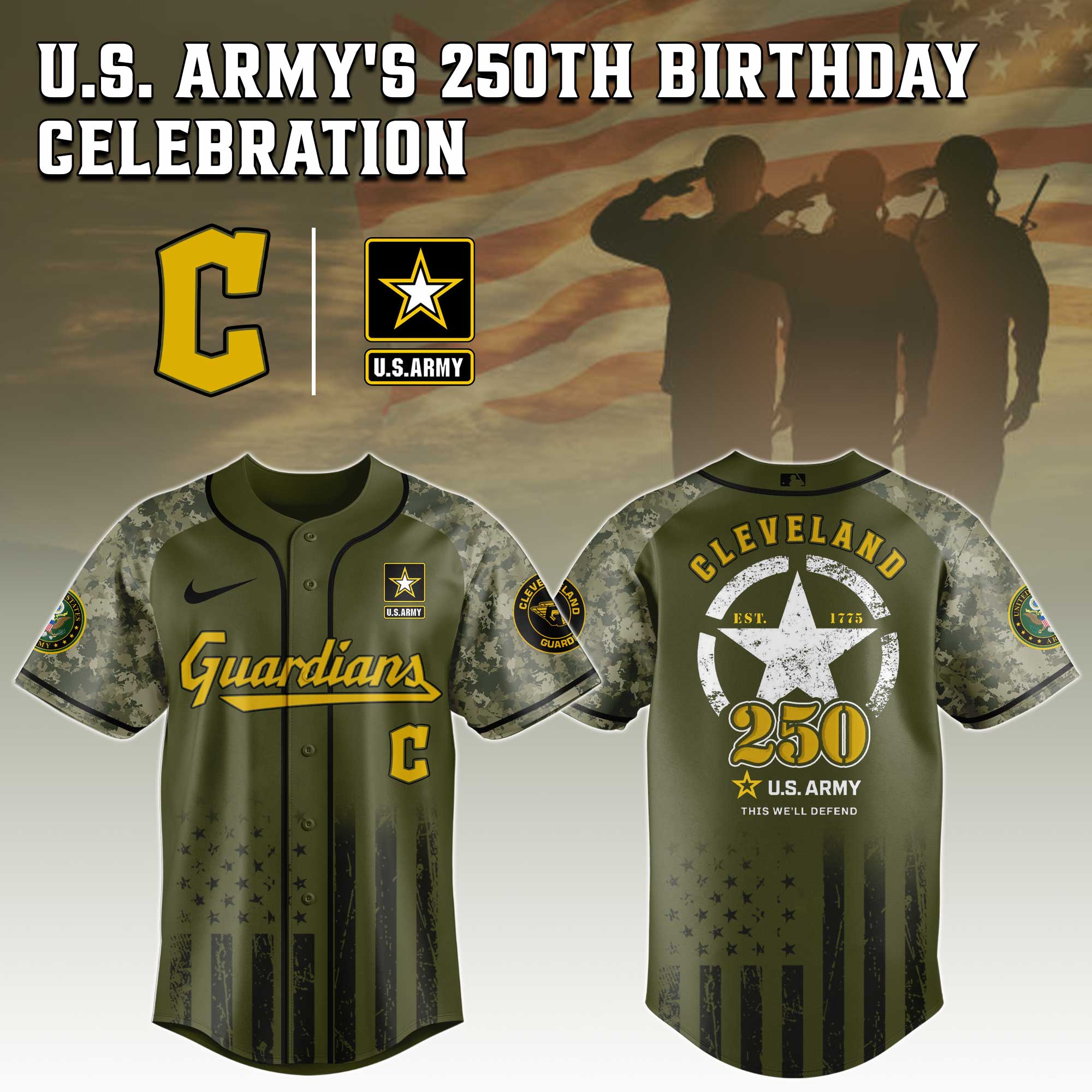 Cleveland Guardians MLB 250th anniversary US Army Baseball Jersey Limited Edition