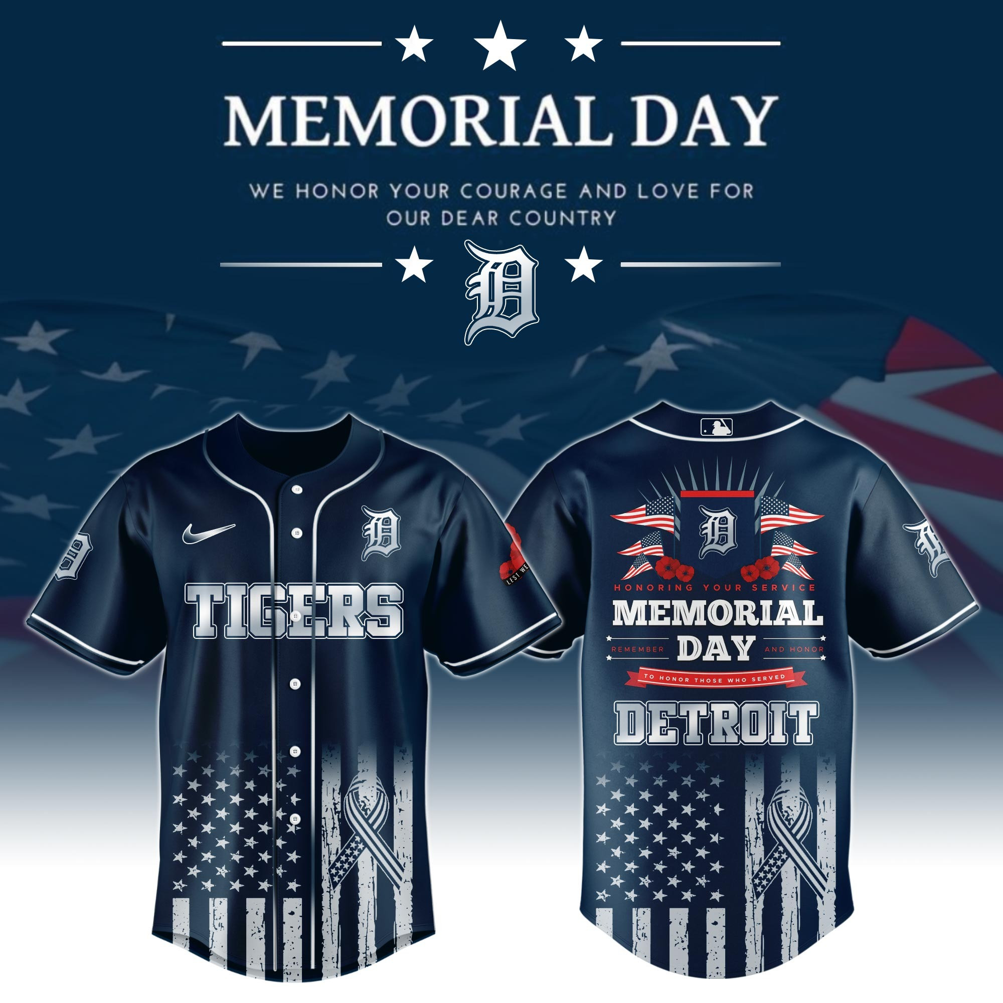 Detroit Tigers Special Memorial Day Baseball Jersey For MLB Fans