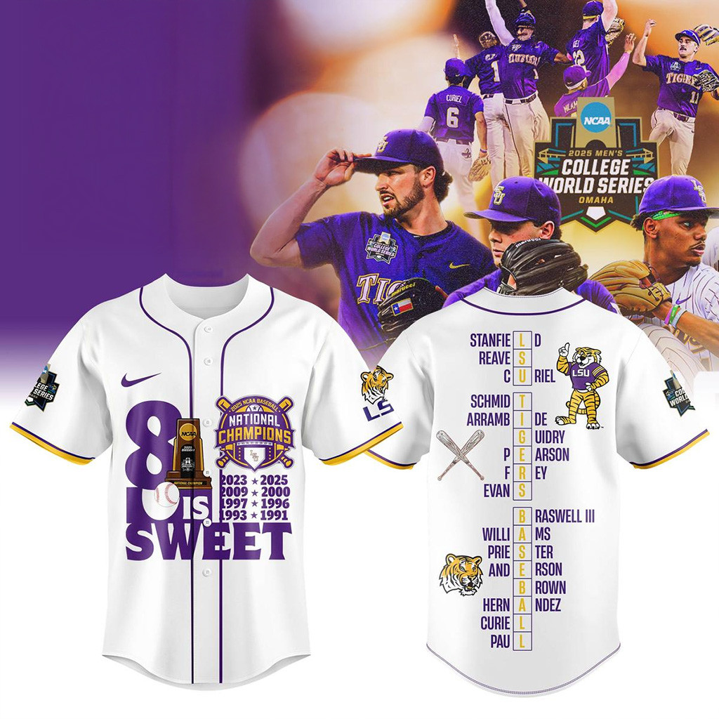 Official LSU Tigers 8x NCAA Baseball Champions Baseball Jersey White