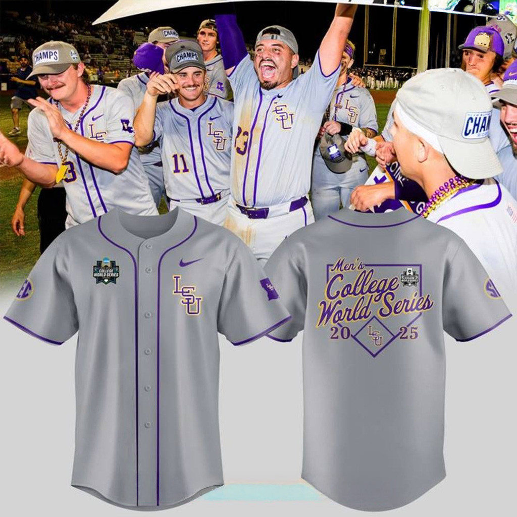 LSU Tigers Mens College World Series 2025 Grey Baseball Jersey
