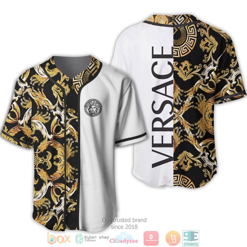 Versace Gold Pattern Black Logo White Baseball Jersey