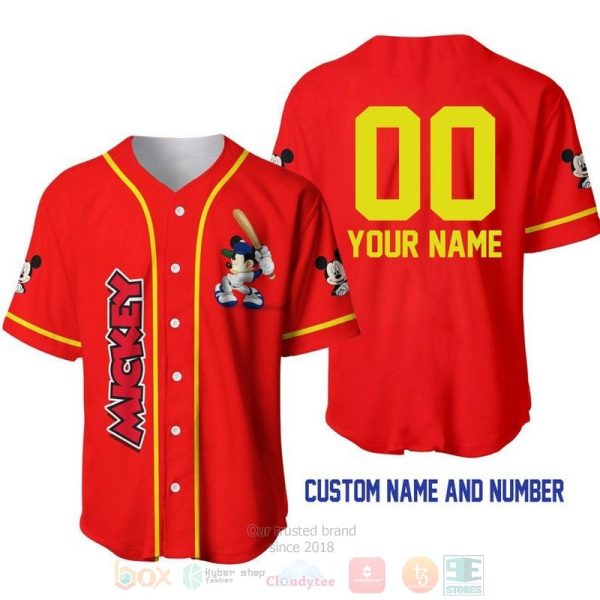 Personalized Mickey Mouse Playing Baseball All Over Print Red Baseball Jersey