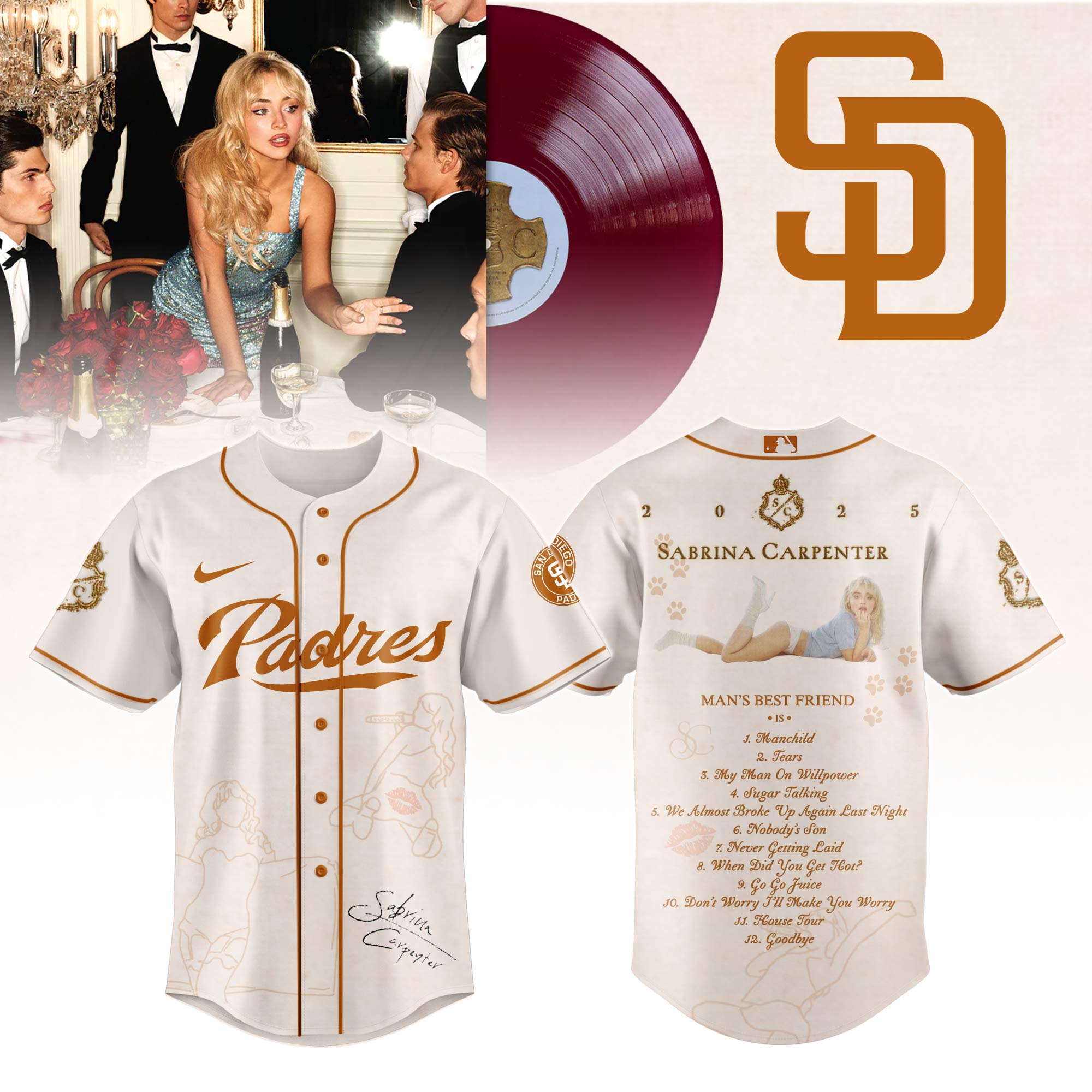 San Diego Padres x Sabrina Carpenter Mans Best Friend Tracklist Baseball Jersey For Sport Teams Fans