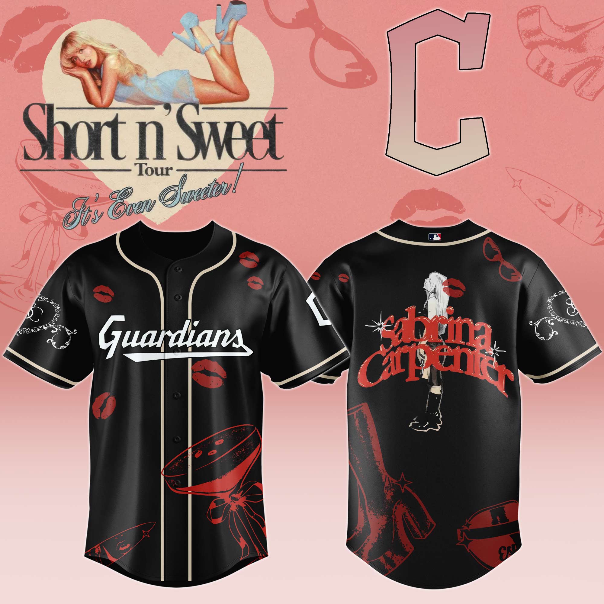 Cleveland Guardians x Sabrina Carpenter Short n Sweet Black Velvet Baseball Jersey For Sport Teams Fans