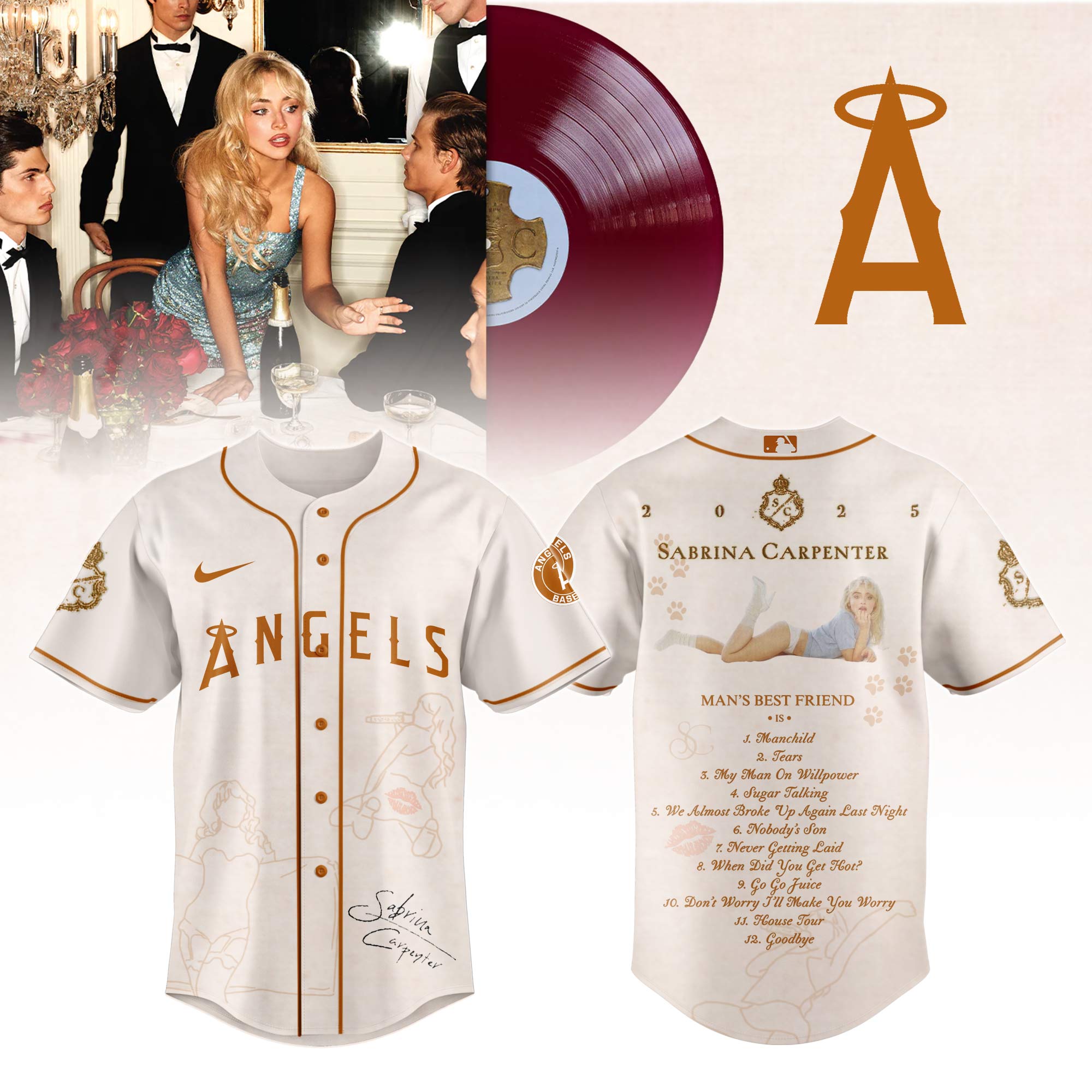 Los Angeles Angels x Sabrina Carpenter Mans Best Friend Tracklist Baseball Jersey For Sport Teams Fans