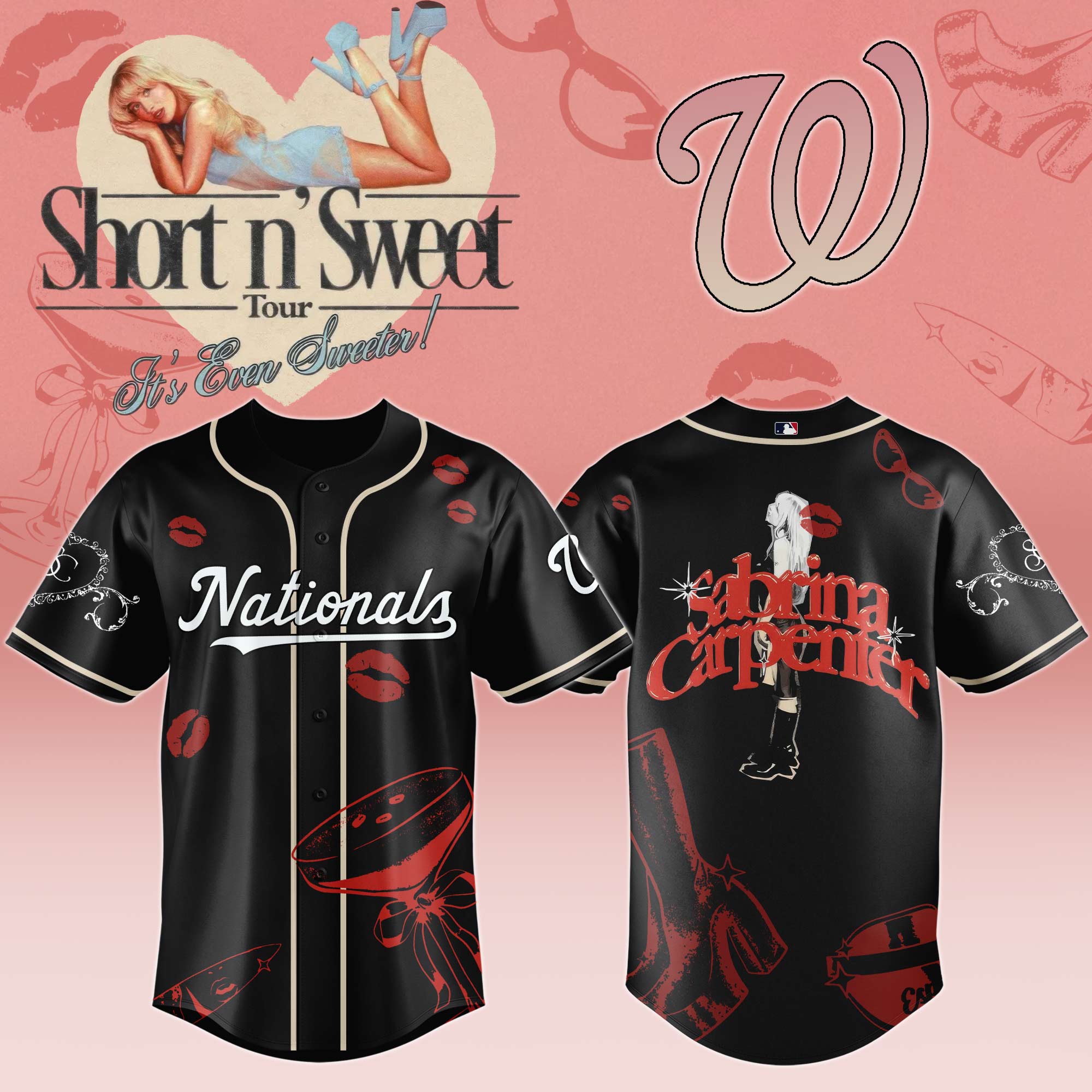 Washington Nationals x Sabrina Carpenter Short n Sweet Black Velvet Baseball Jersey For Sport Teams Fans