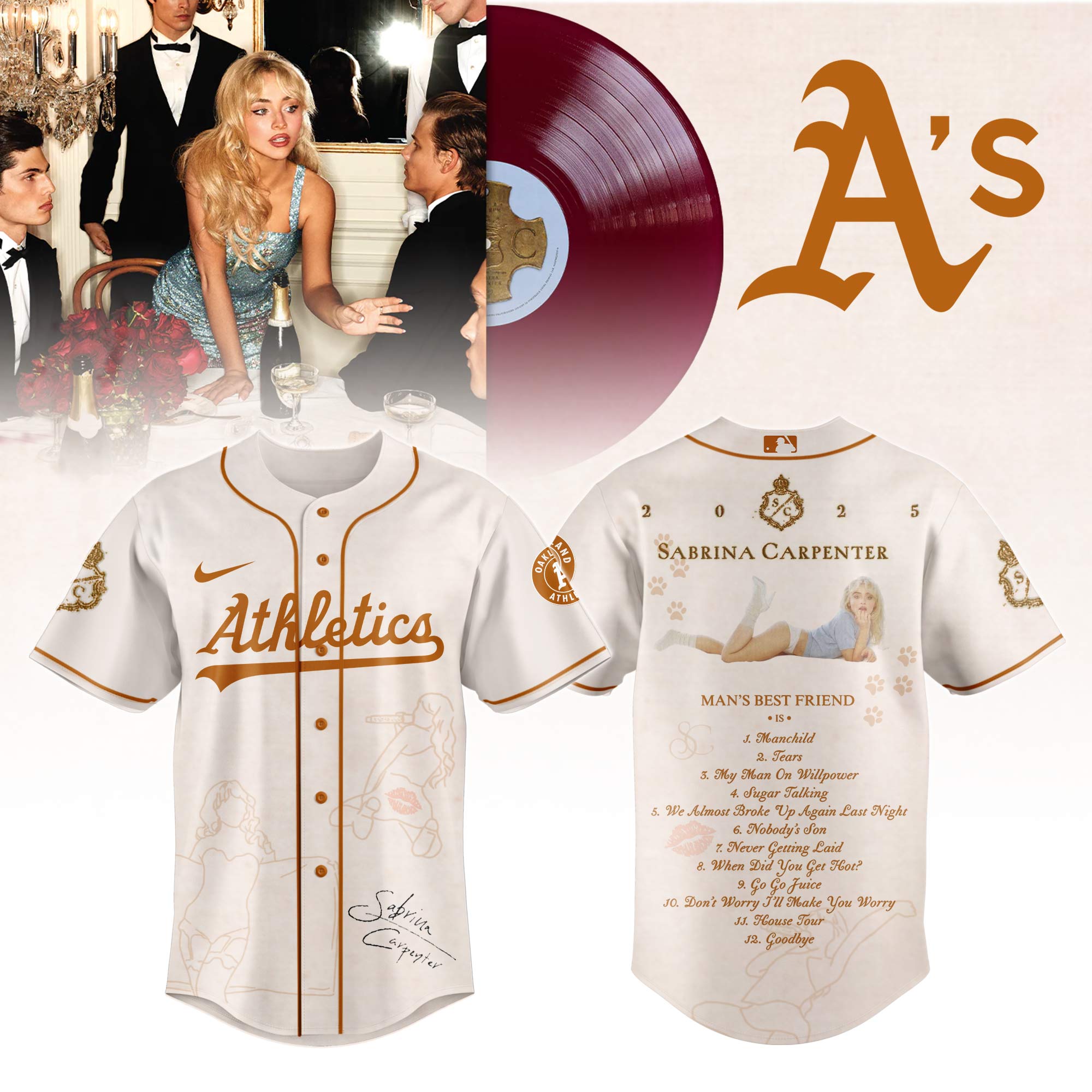 Oakland Athletics x Sabrina Carpenter Mans Best Friend Tracklist Baseball Jersey For Sport Teams Fans