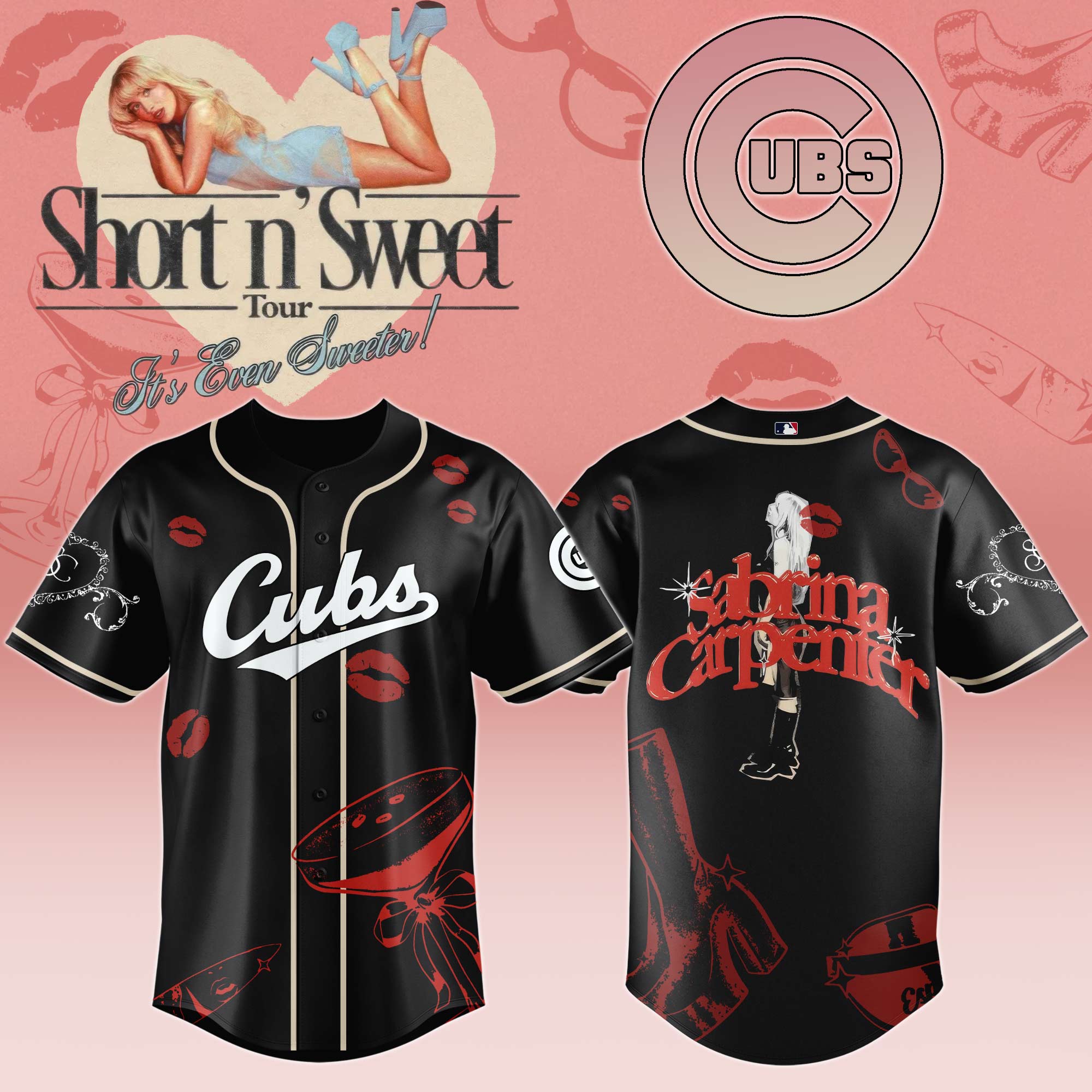 Chicago Cubs x Sabrina Carpenter Short n Sweet Black Velvet Baseball Jersey For Sport Teams Fans