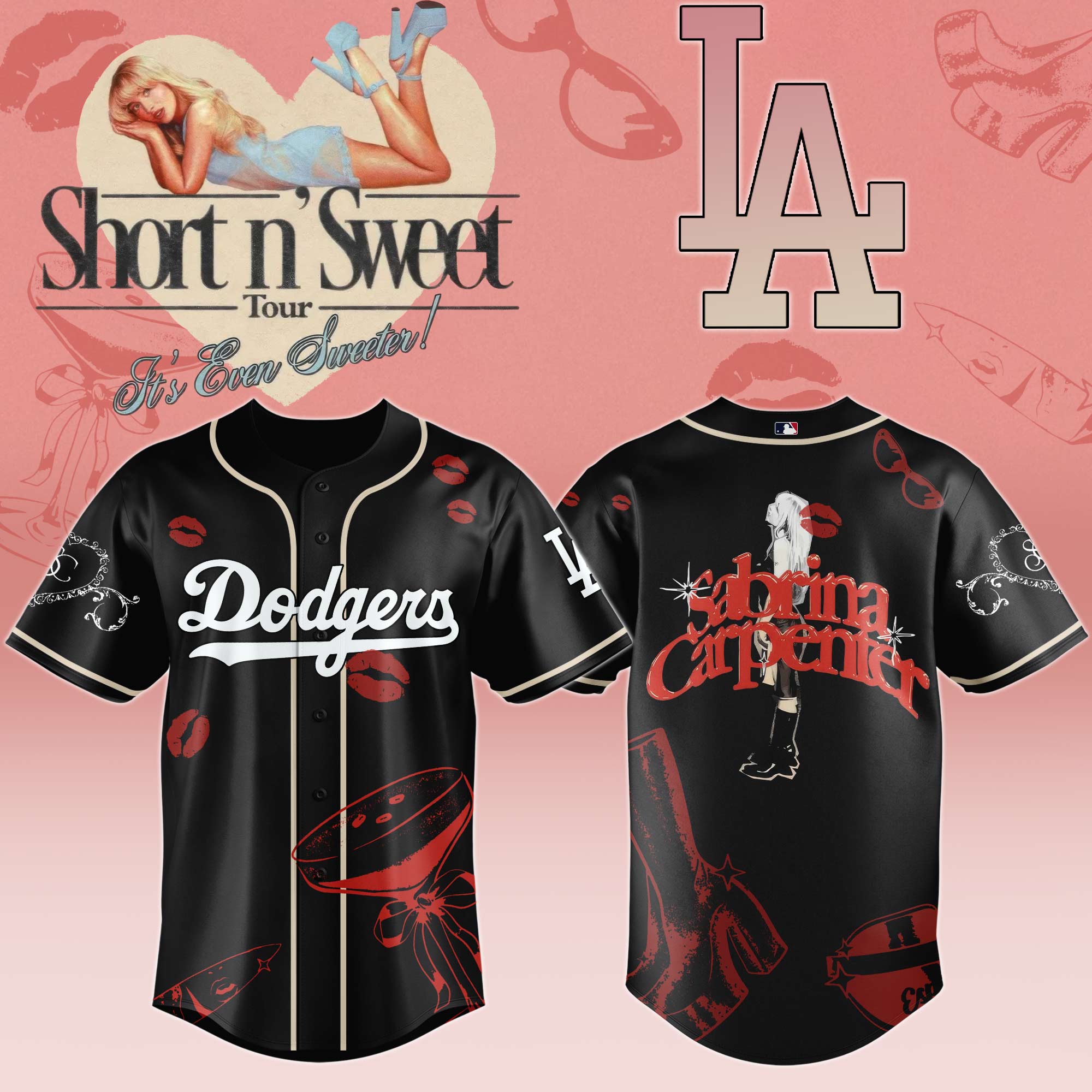 Los Angeles Dodgers x Sabrina Carpenter Short n Sweet Black Velvet Baseball Jersey For Sport Teams Fans