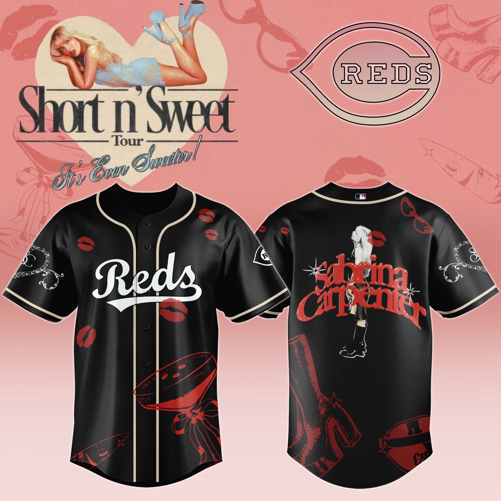 Cincinnati Reds x Sabrina Carpenter Short n Sweet Black Velvet Baseball Jersey For Sport Teams Fans
