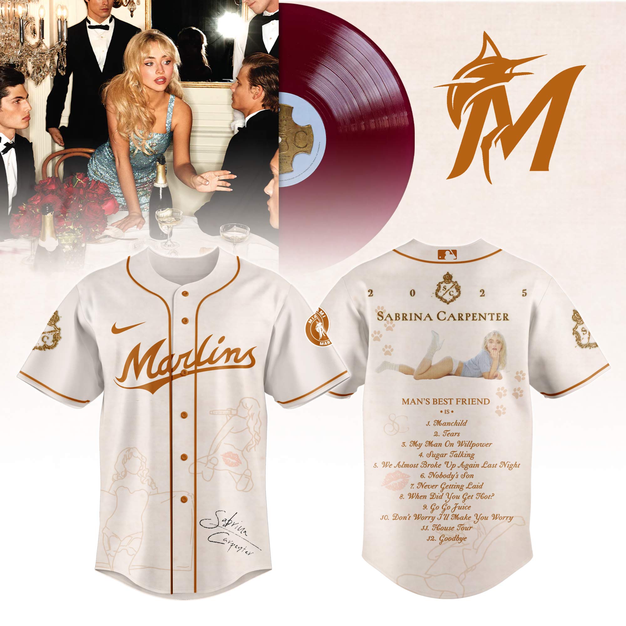 Miami Marlins x Sabrina Carpenter Mans Best Friend Tracklist Baseball Jersey For Sport Teams Fans