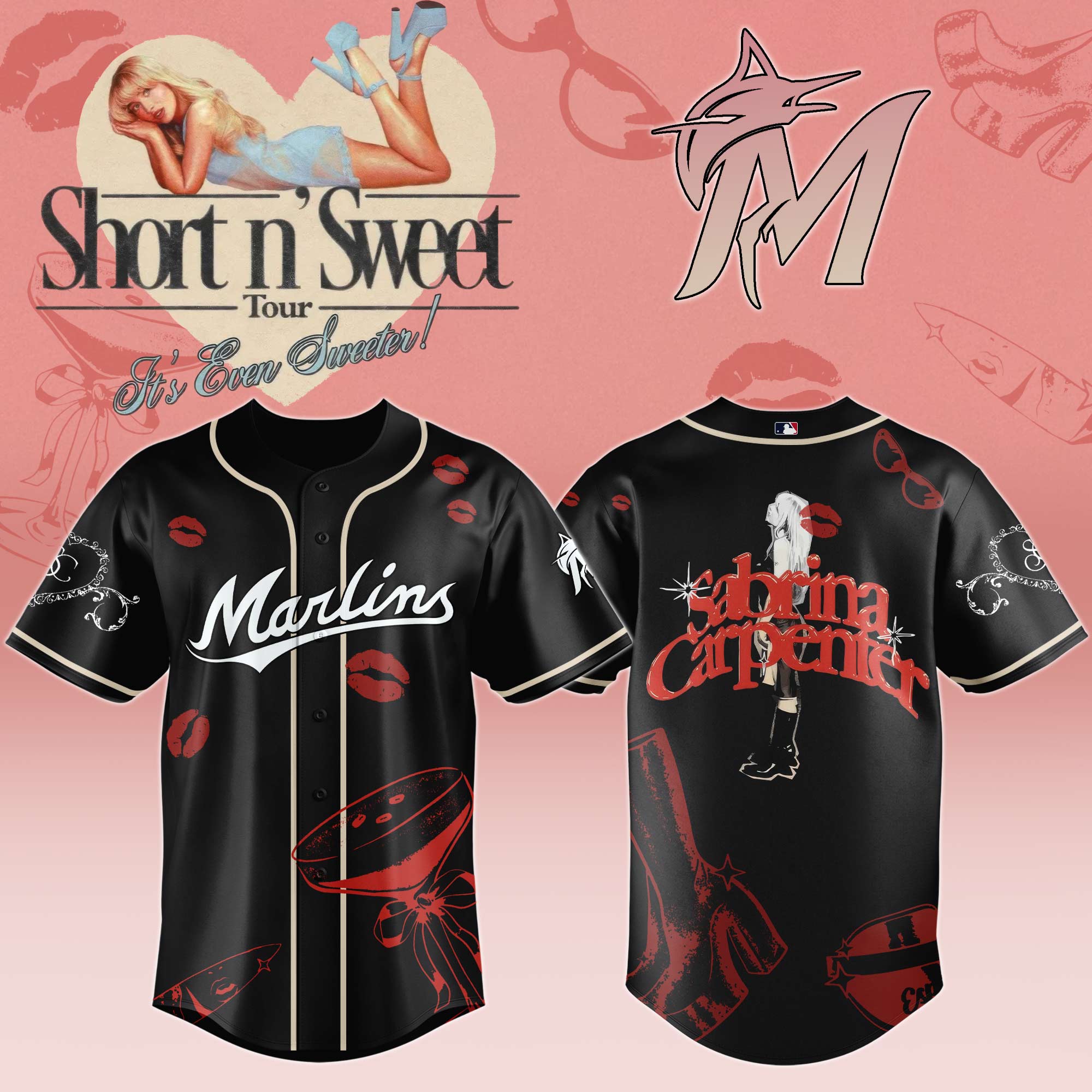 Miami Marlins x Sabrina Carpenter Short n Sweet Black Velvet Baseball Jersey For Sport Teams Fans