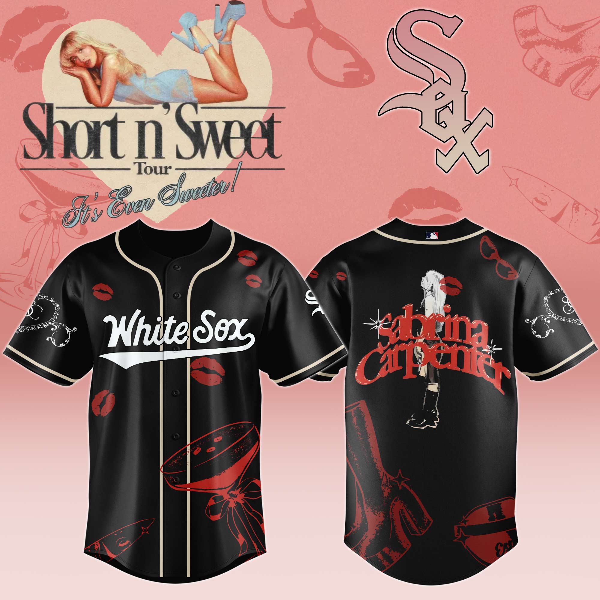 Chicago White Sox x Sabrina Carpenter Short n Sweet Black Velvet Baseball Jersey For Sport Teams Fans