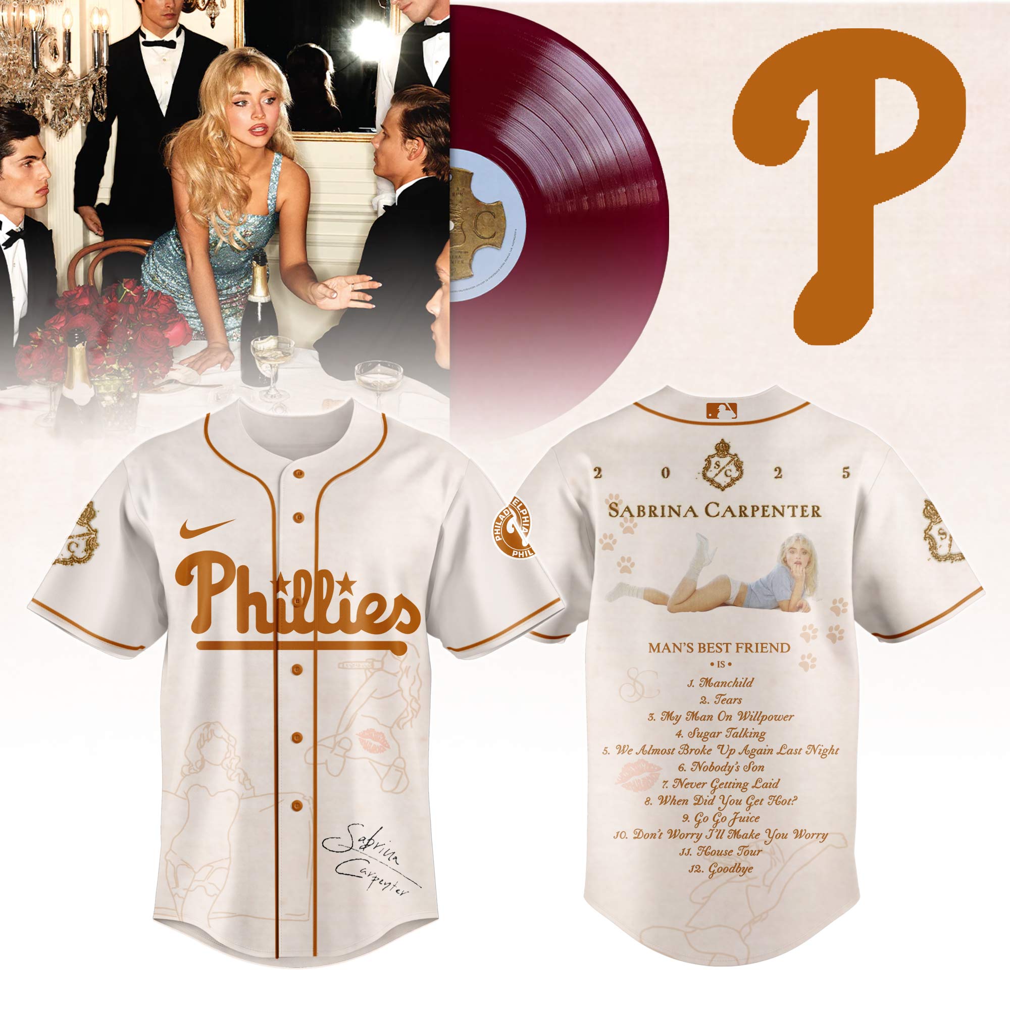 Philadelphia Phillies x Sabrina Carpenter Mans Best Friend Tracklist Baseball Jersey For Sport Teams Fans