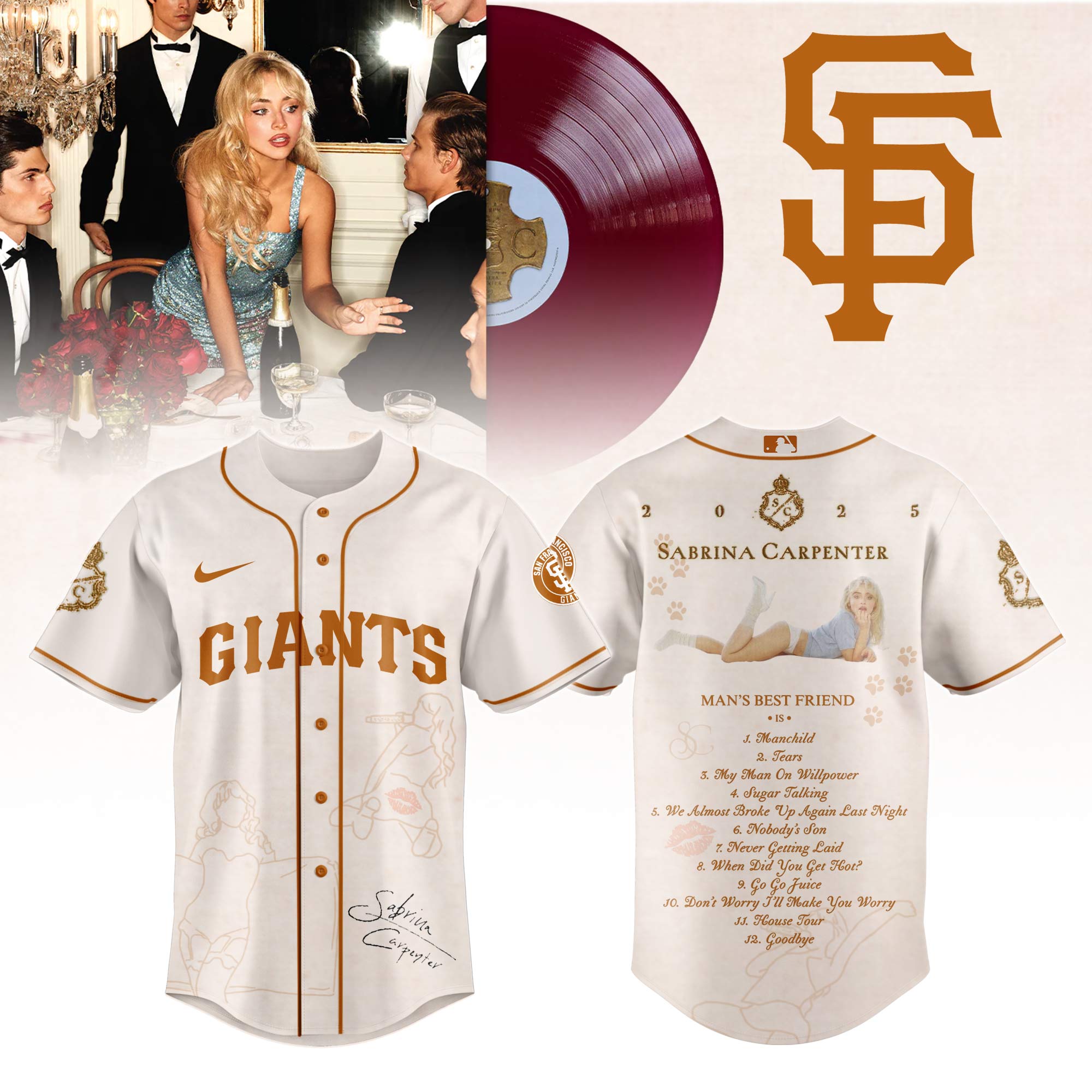 San Francisco Giants x Sabrina Carpenter Mans Best Friend Tracklist Baseball Jersey For Sport Teams Fans