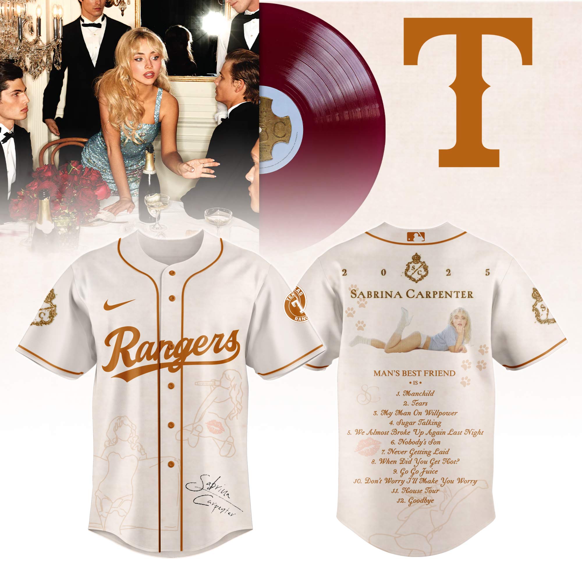 Texas Rangers x Sabrina Carpenter Mans Best Friend Tracklist Baseball Jersey For Sport Teams Fans