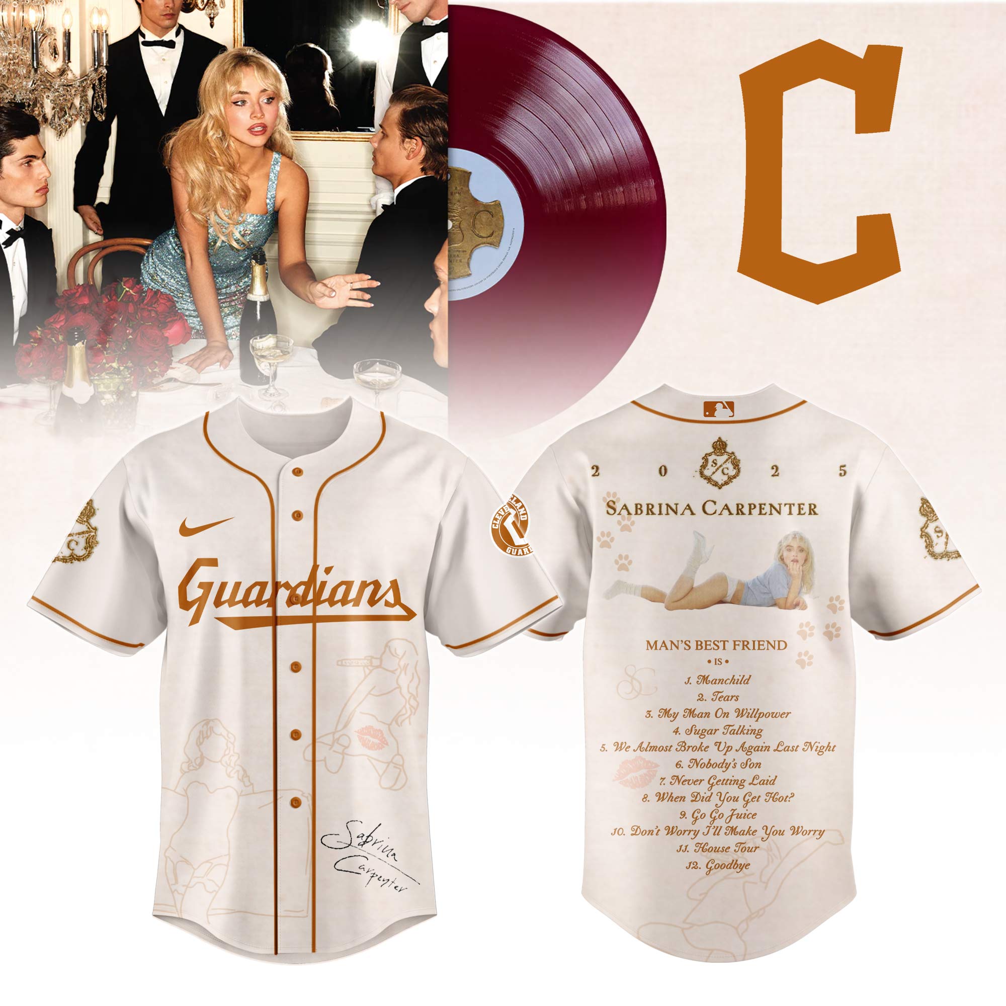 Cleveland Guardians x Sabrina Carpenter Mans Best Friend Tracklist Baseball Jersey For Sport Teams Fans