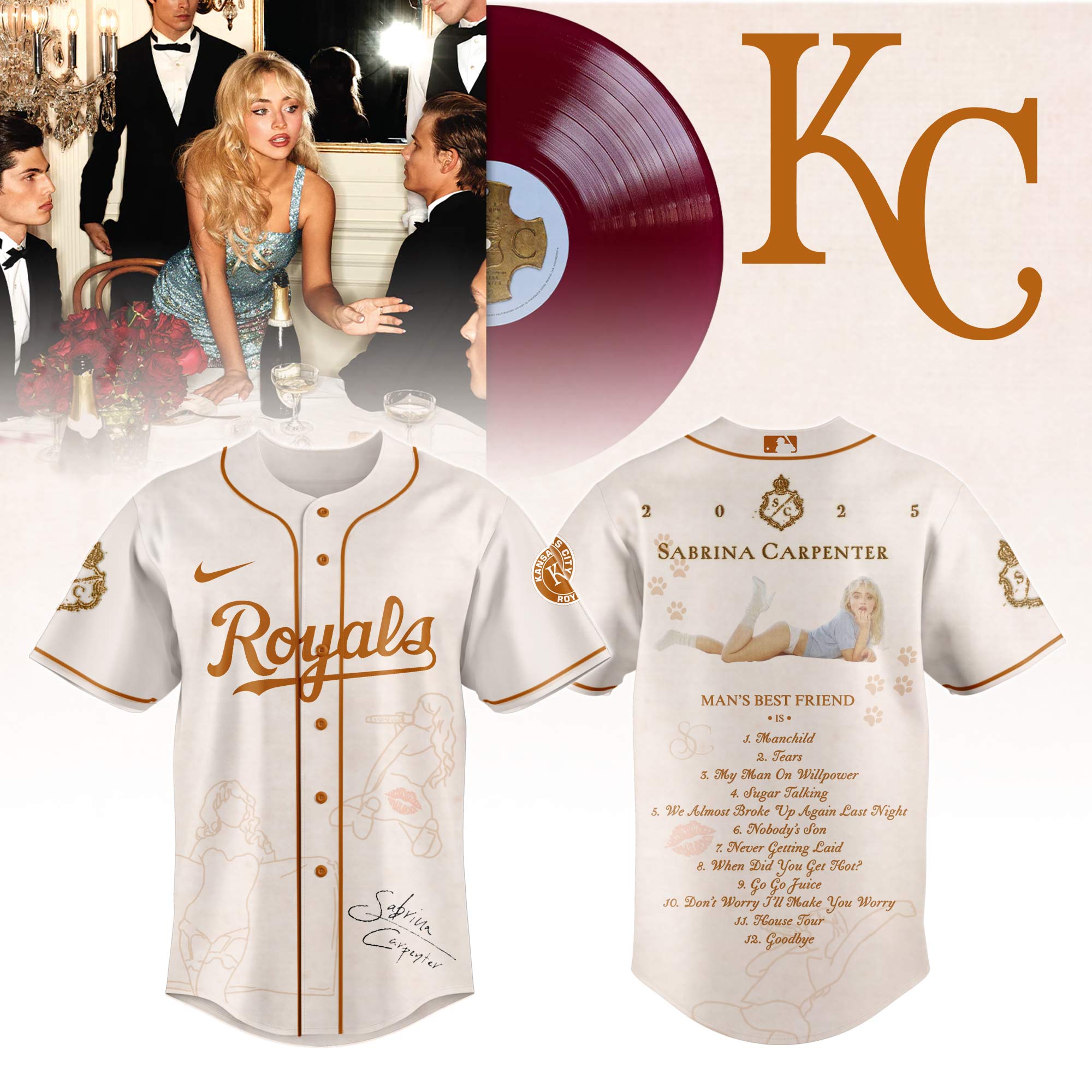 Kansas City Royals x Sabrina Carpenter Mans Best Friend Tracklist Baseball Jersey For Sport Teams Fans