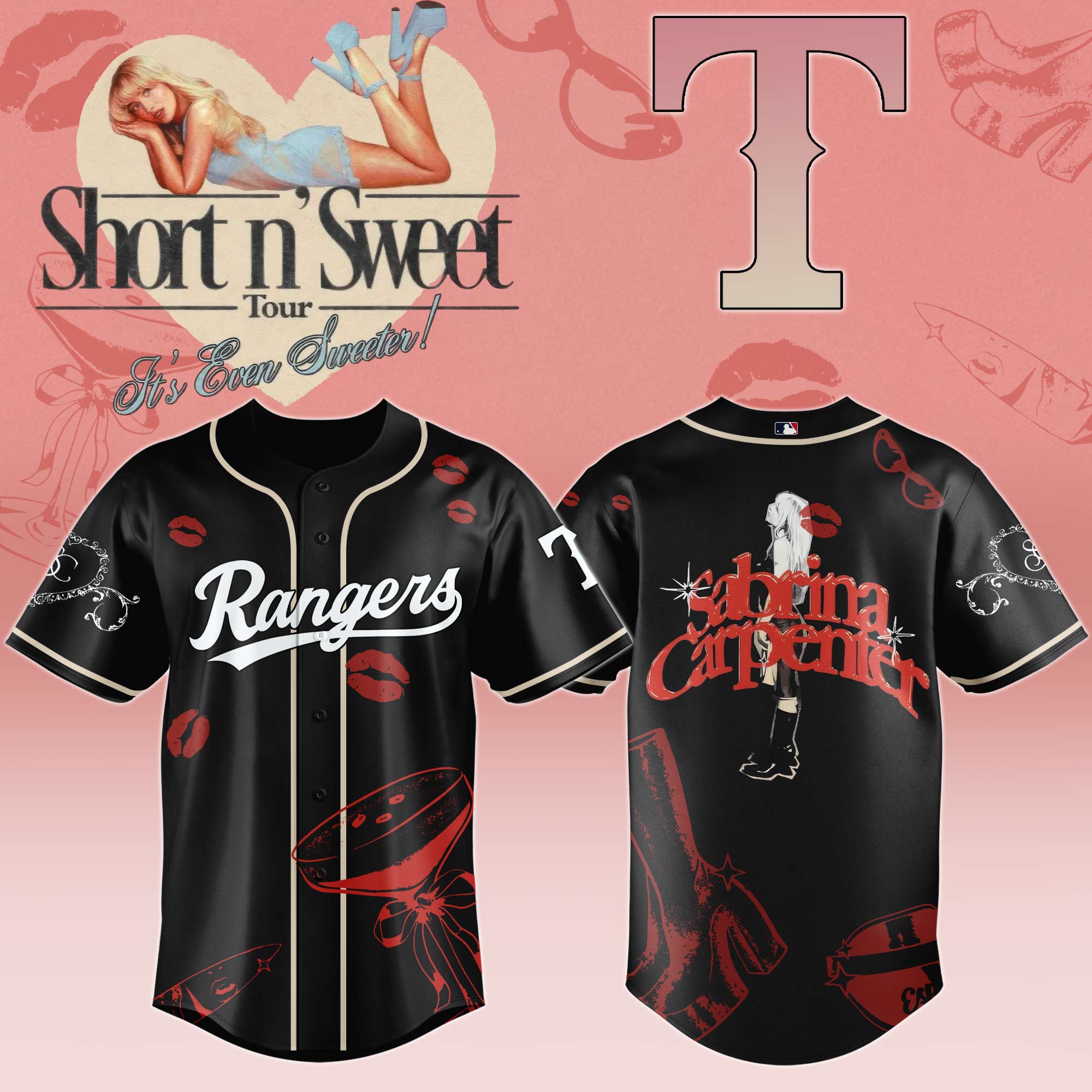 Texas Rangers x Sabrina Carpenter Short n Sweet Black Velvet Baseball Jersey For Sport Teams Fans