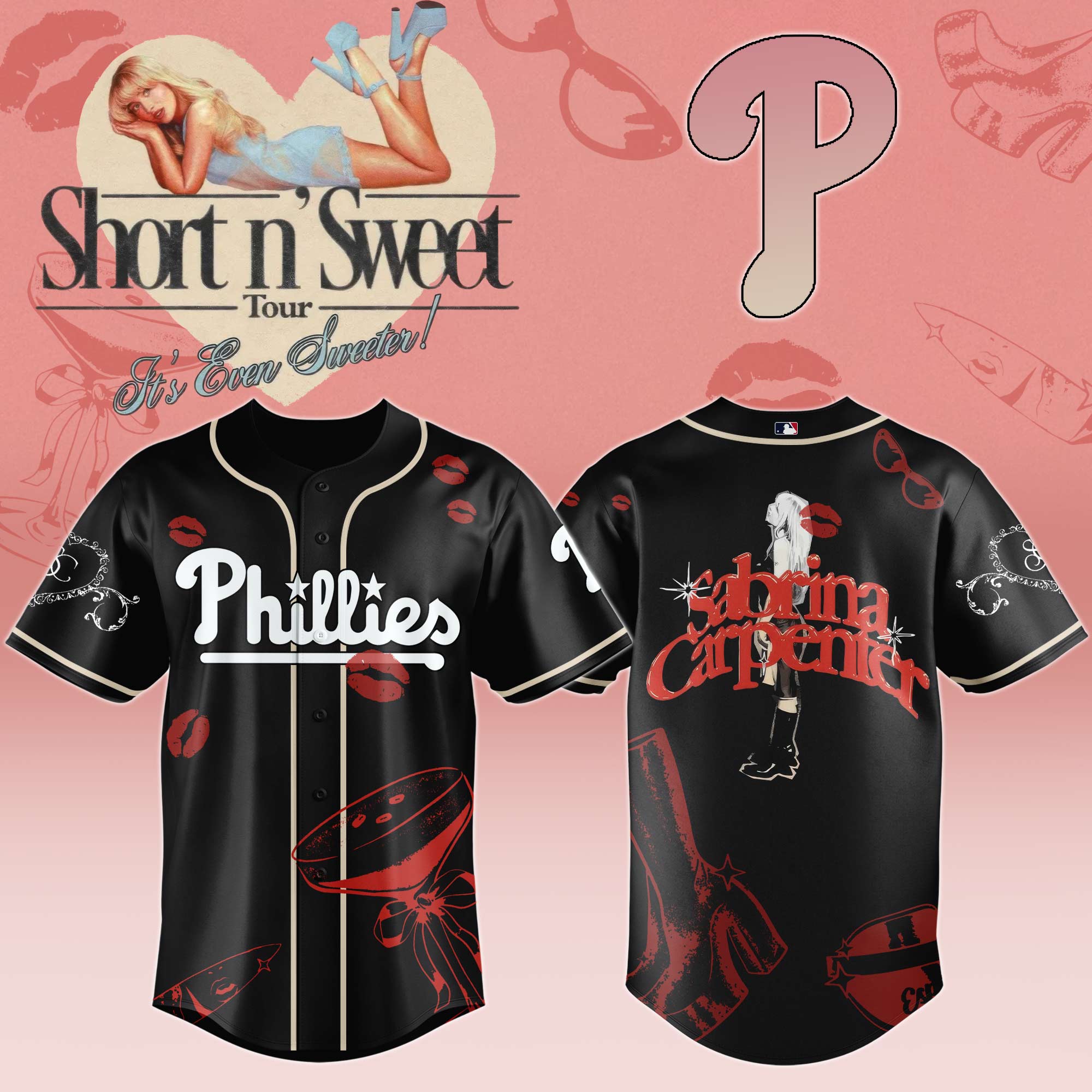 Philadelphia Phillies x Sabrina Carpenter Short n Sweet Black Velvet Baseball Jersey For Sport Teams Fans