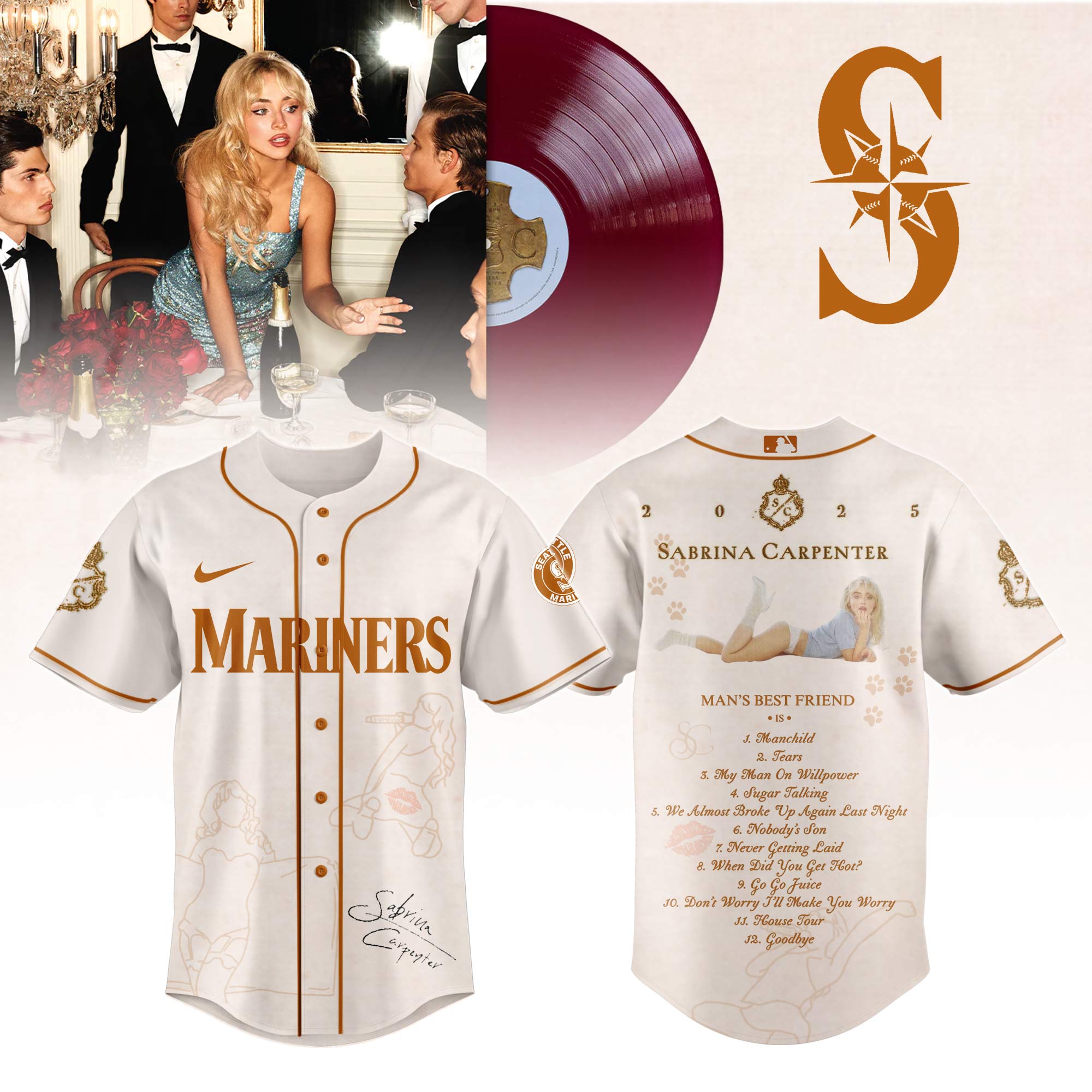 Seattle Mariners x Sabrina Carpenter Mans Best Friend Tracklist Baseball Jersey For Sport Teams Fans