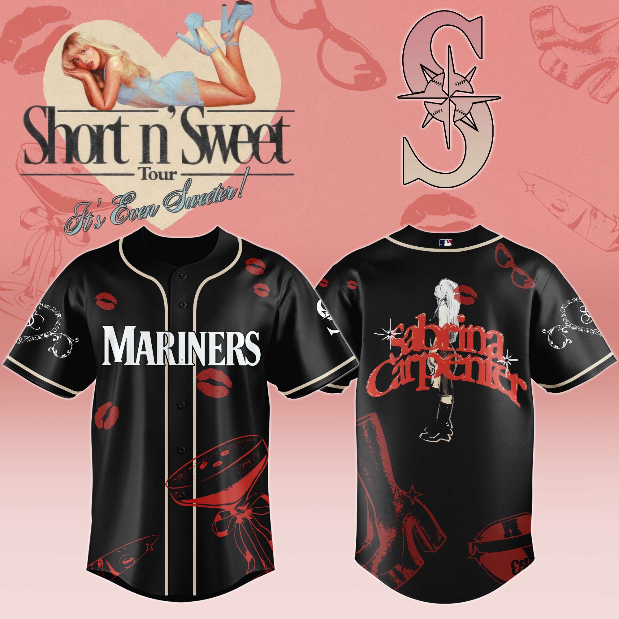 Seattle Mariners x Sabrina Carpenter Short n Sweet Black Velvet Baseball Jersey For Sport Teams Fans