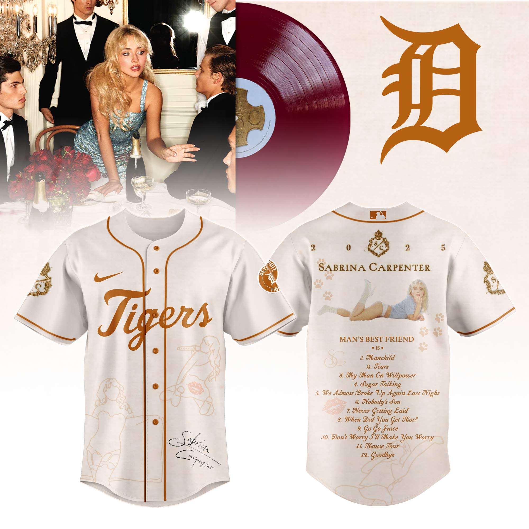 Detroit Tigers x Sabrina Carpenter Mans Best Friend Tracklist Baseball Jersey For Sport Teams Fans