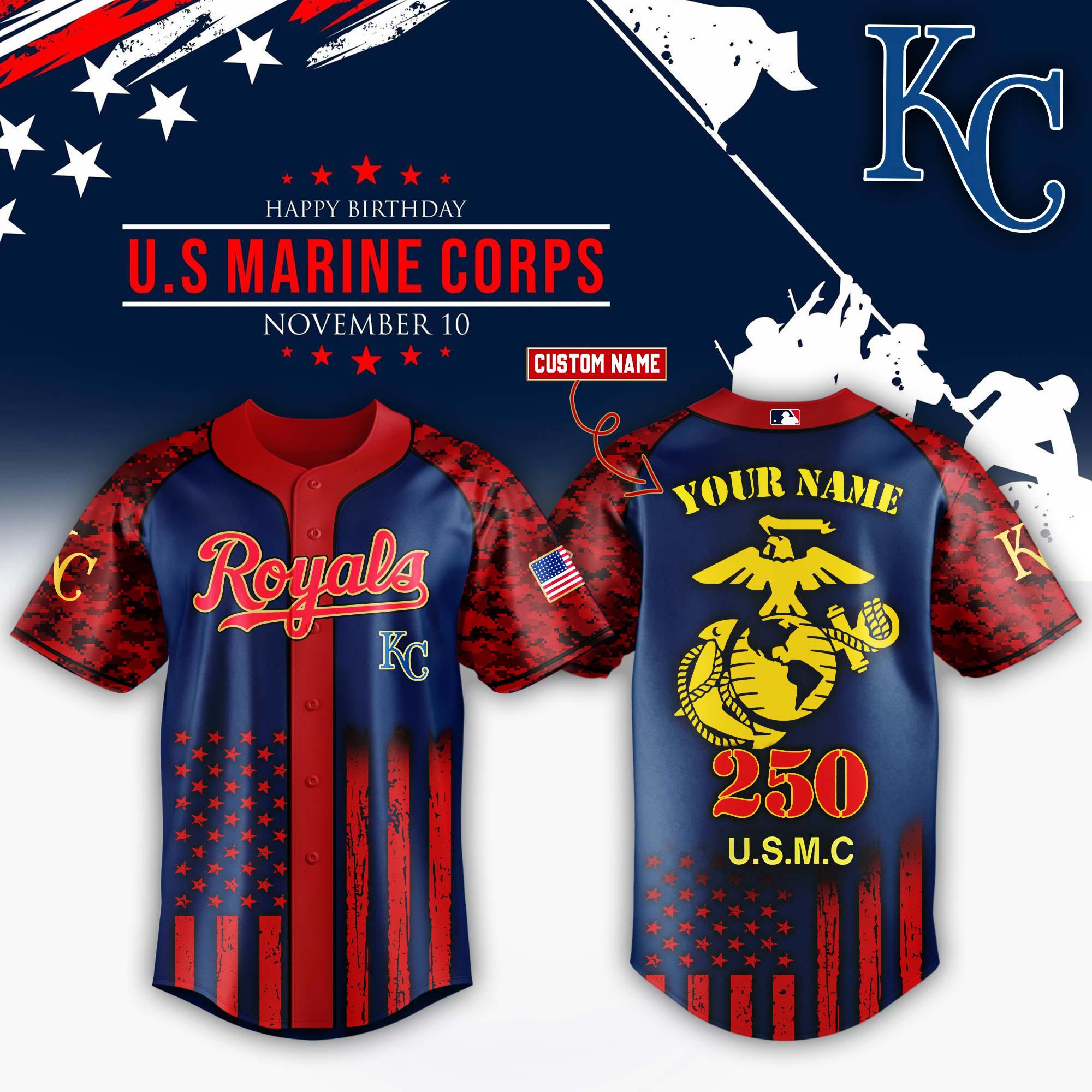 Kansas City Royals x USMC 250th Custom Name Baseball Jersey For Sport Teams Fans