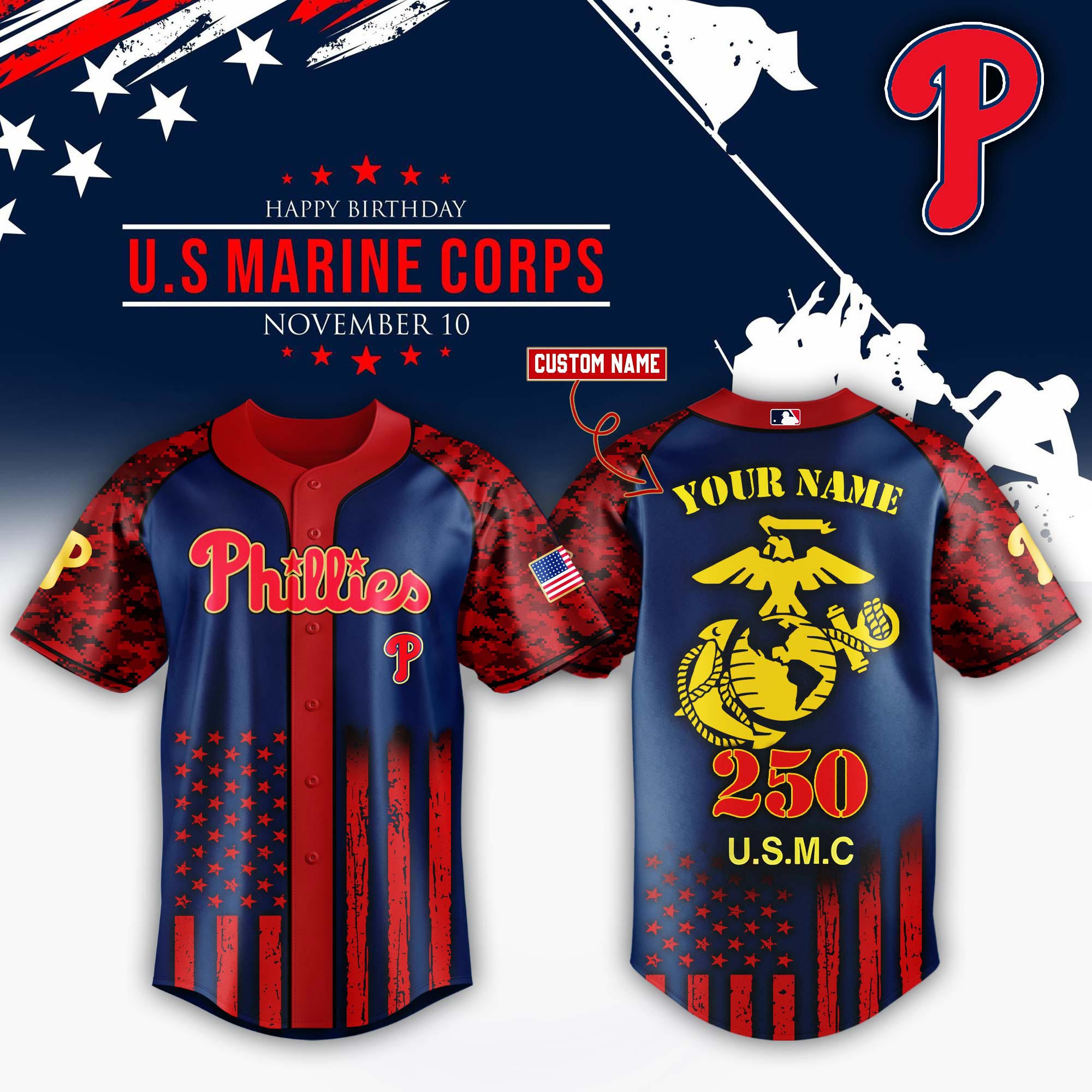 Philadelphia Phillies x USMC 250th Custom Name Baseball Jersey For Sport Teams Fans