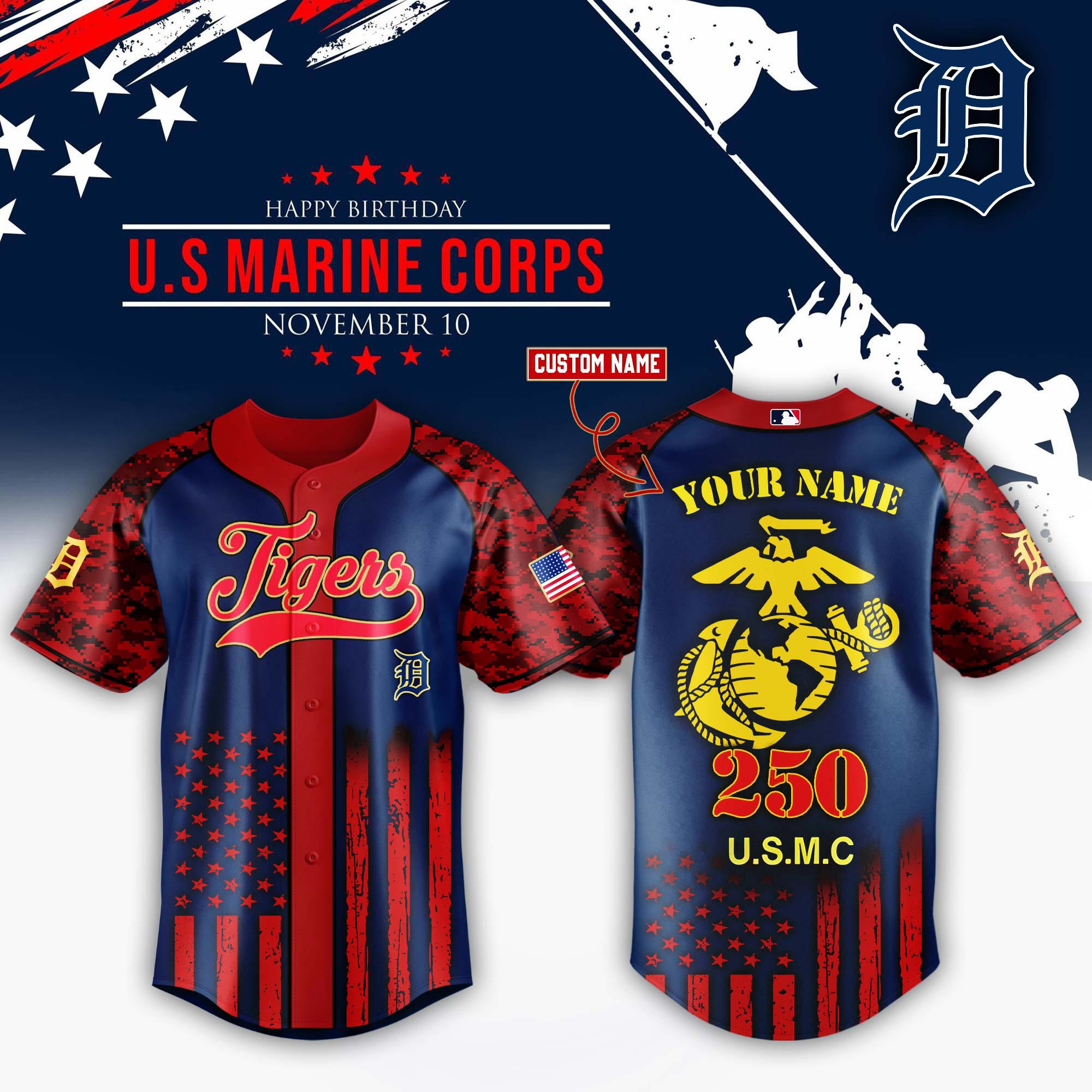 Detroit Tigers x USMC 250th Custom Name Baseball Jersey For Sport Teams Fans
