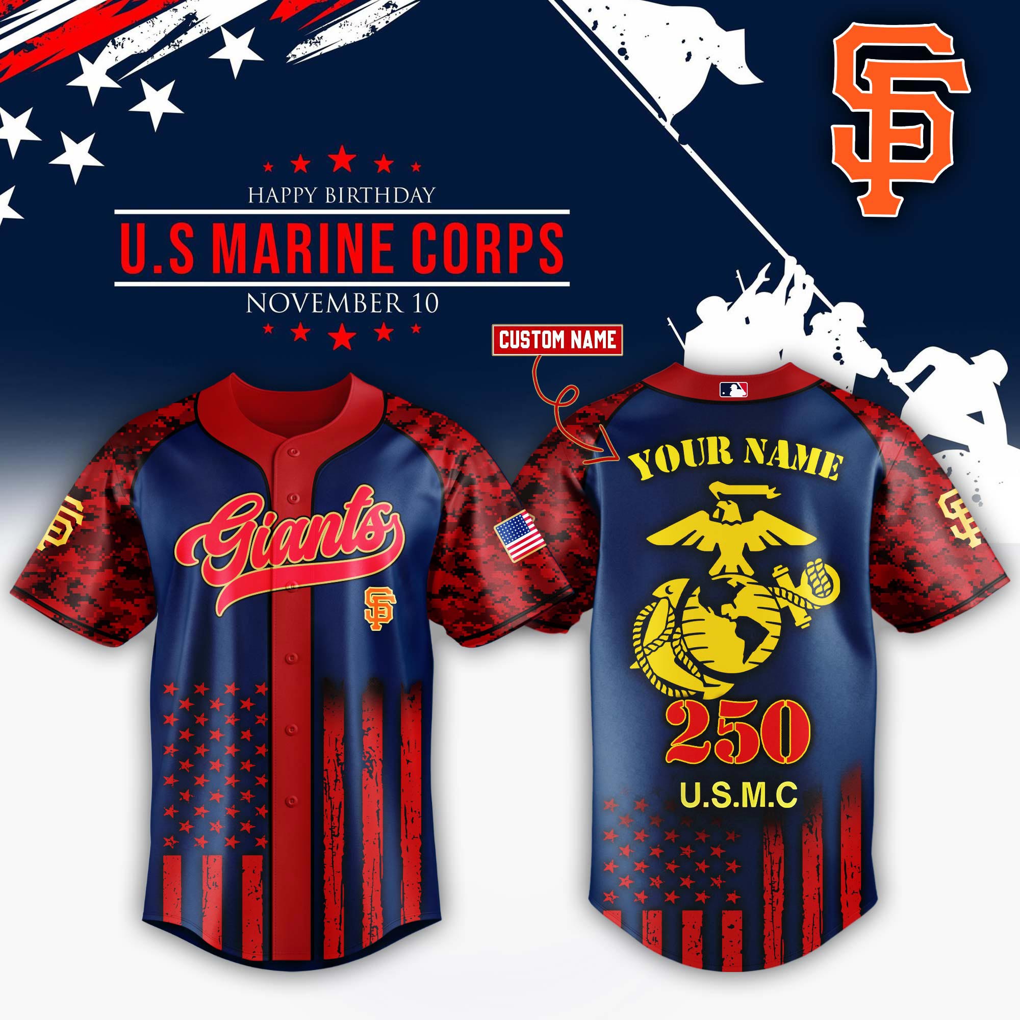San Francisco Giants x USMC 250th Custom Name Baseball Jersey For Sport Teams Fans