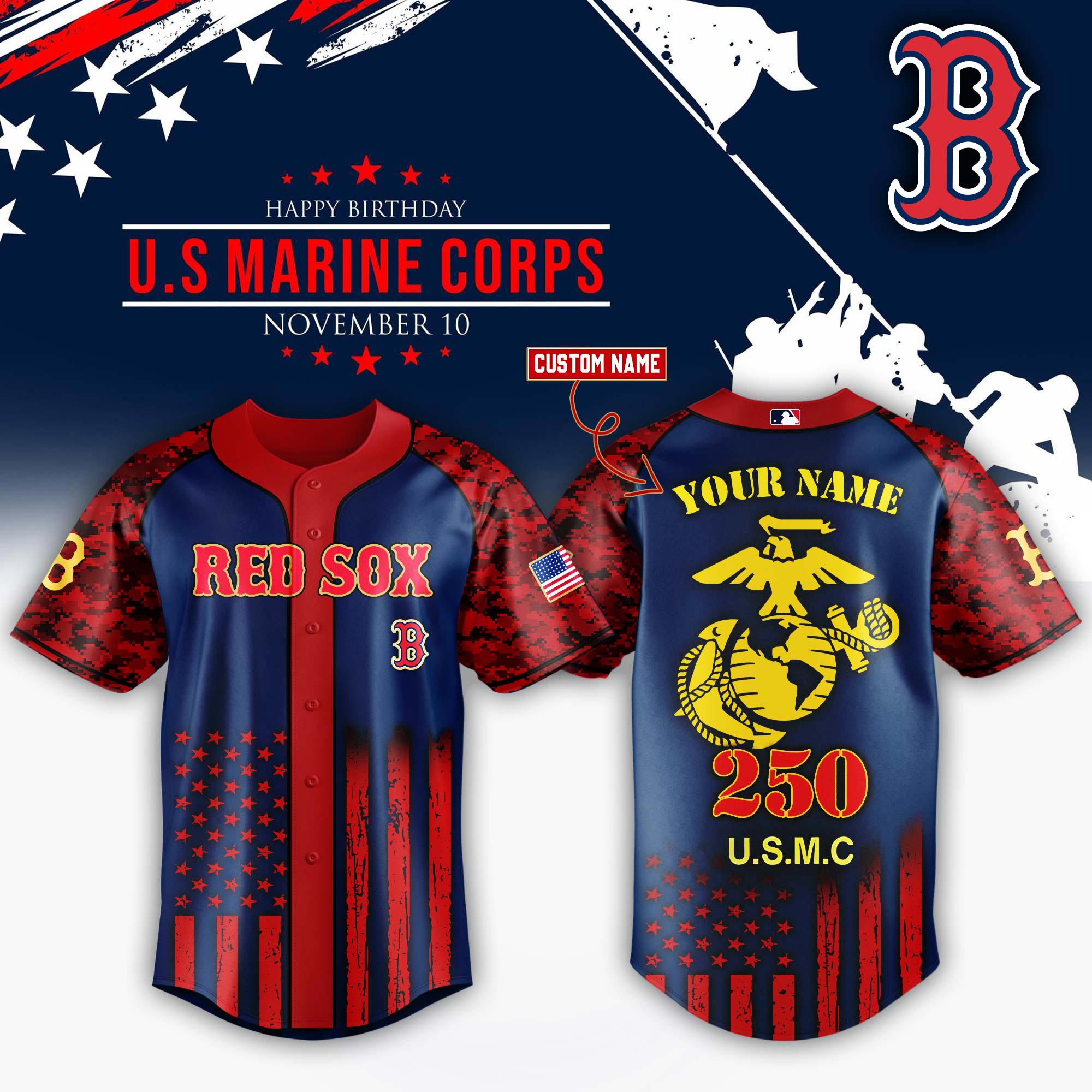 Boston Red Sox x USMC 250th Custom Name Baseball Jersey For Sport Teams Fans