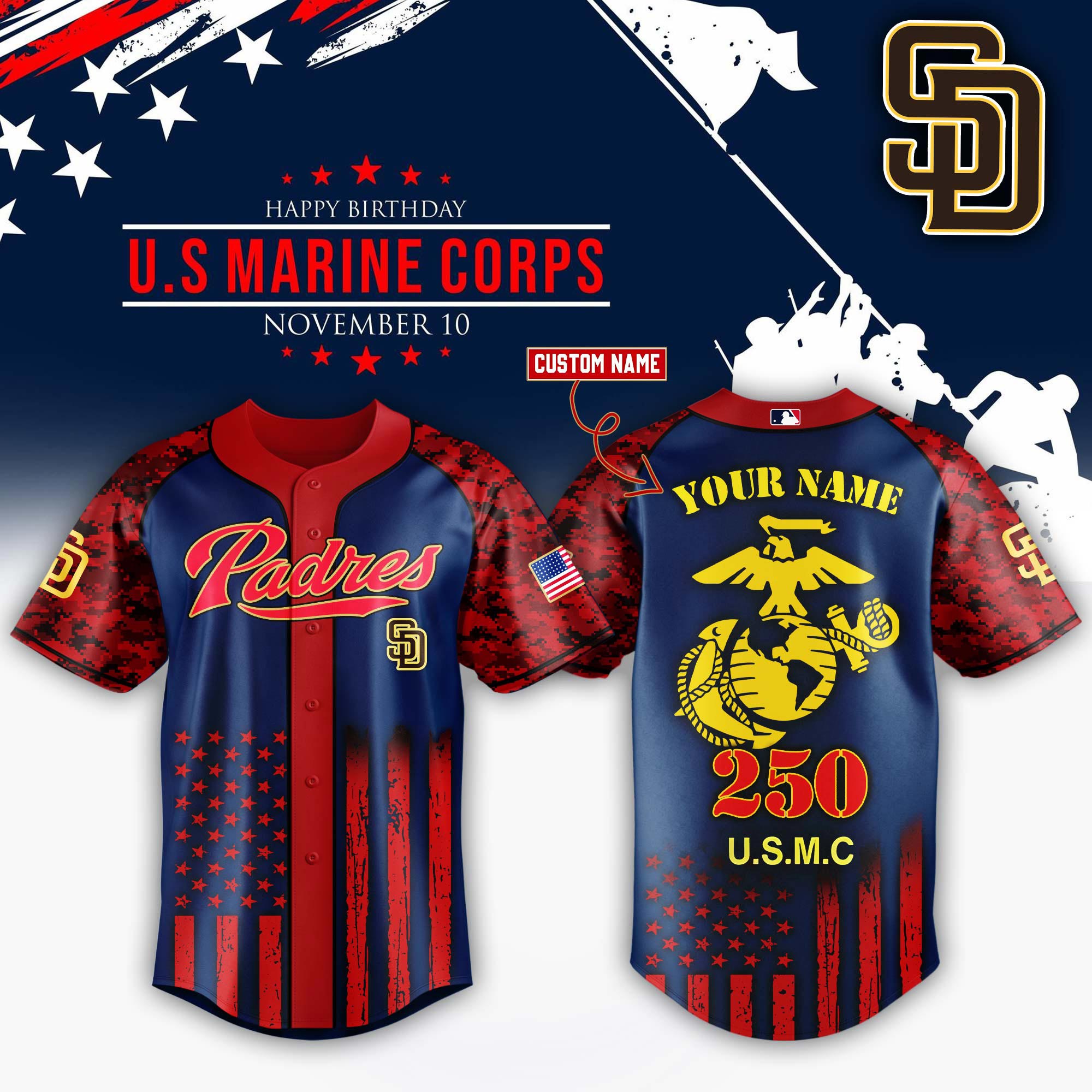 San Diego Padres x USMC 250th Custom Name Baseball Jersey For Sport Teams Fans