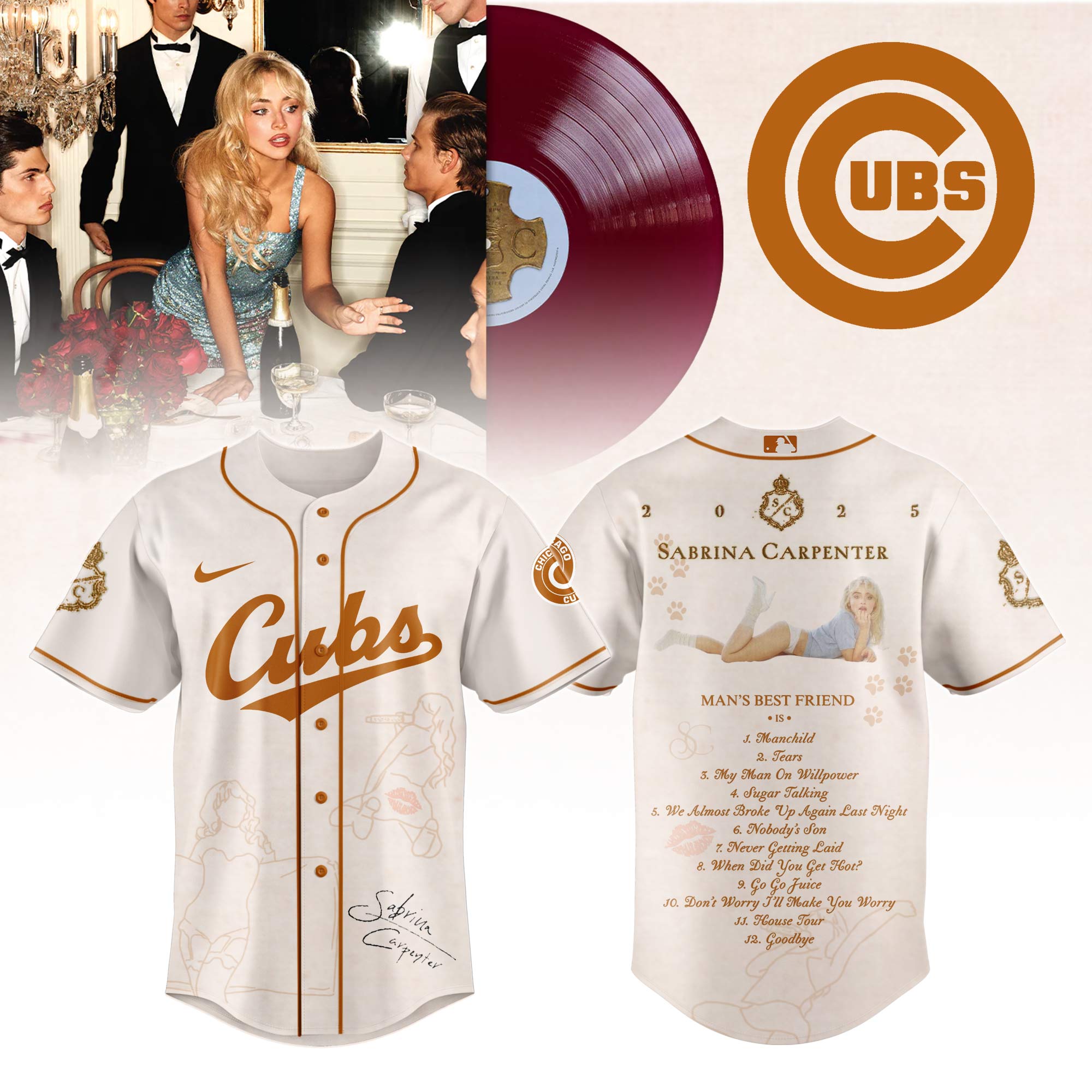 Chicago Cubs x Sabrina Carpenter Mans Best Friend Tracklist Baseball Jersey For Sport Teams Fans