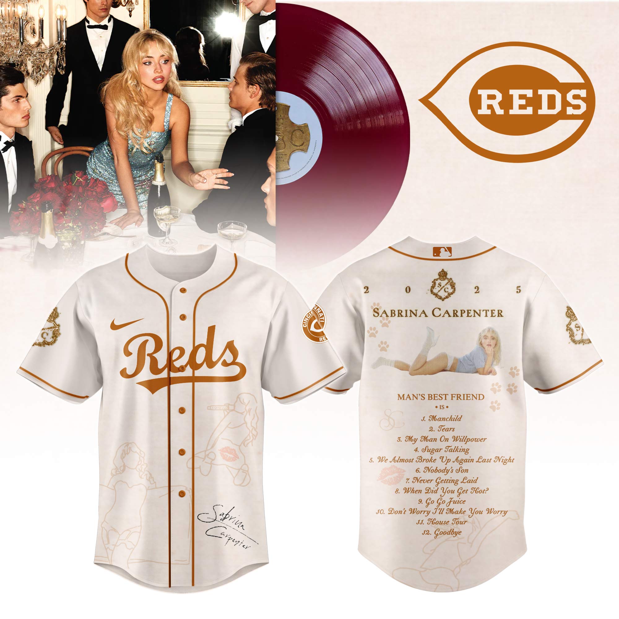 Cincinnati Reds x Sabrina Carpenter Mans Best Friend Tracklist Baseball Jersey For Sport Teams Fans