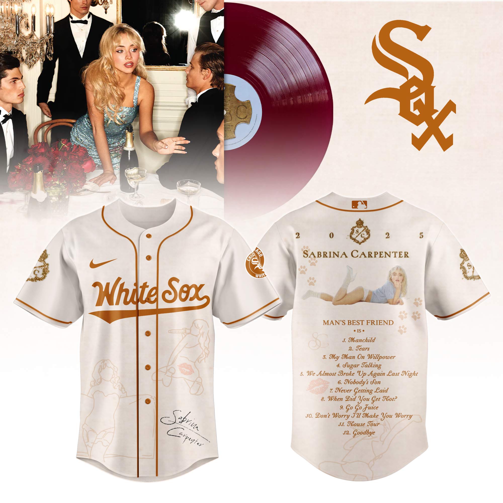 Chicago White Sox x Sabrina Carpenter Mans Best Friend Tracklist Baseball Jersey For Sport Teams Fans