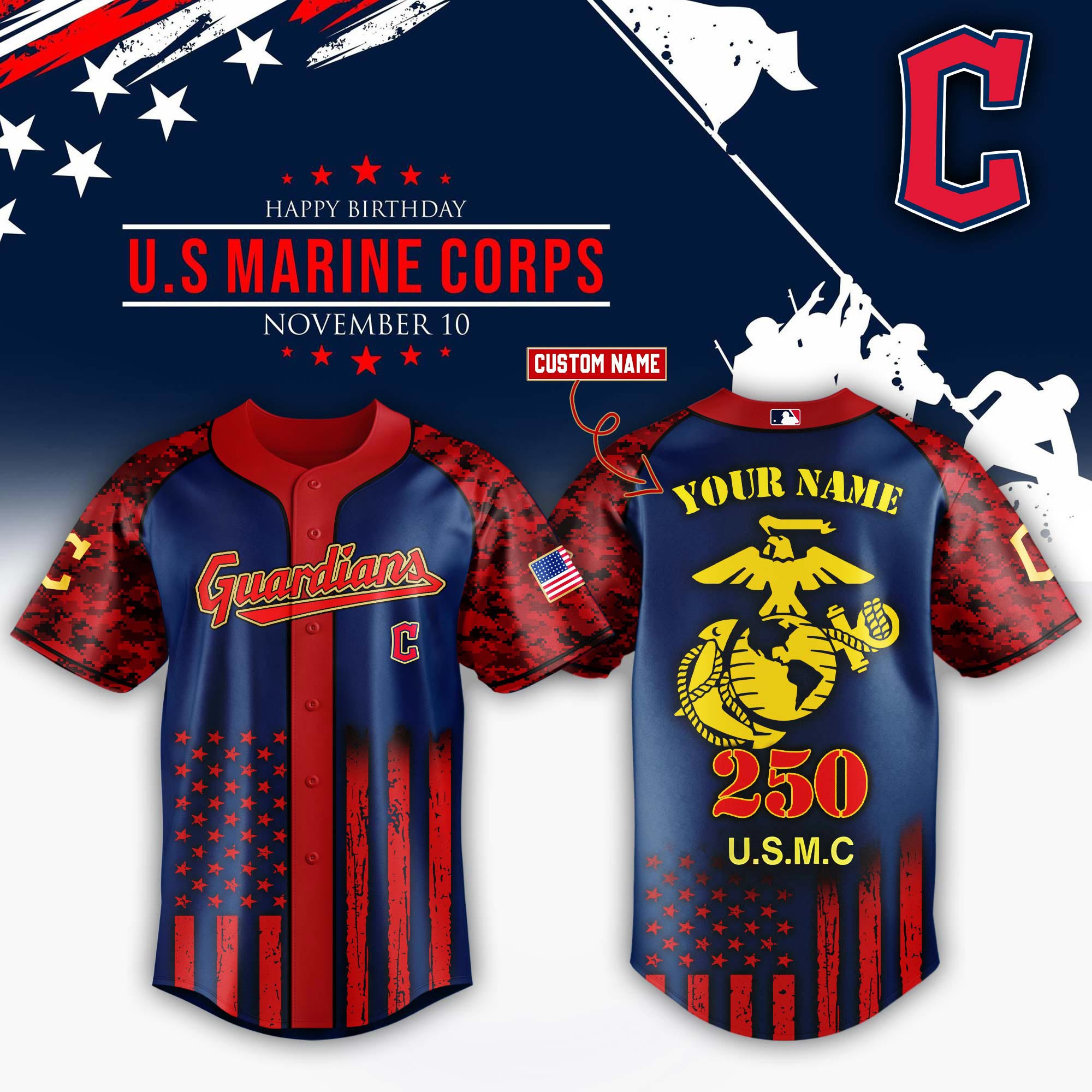 Cleveland Guardians x USMC 250th Custom Name Baseball Jersey For Sport Teams Fans