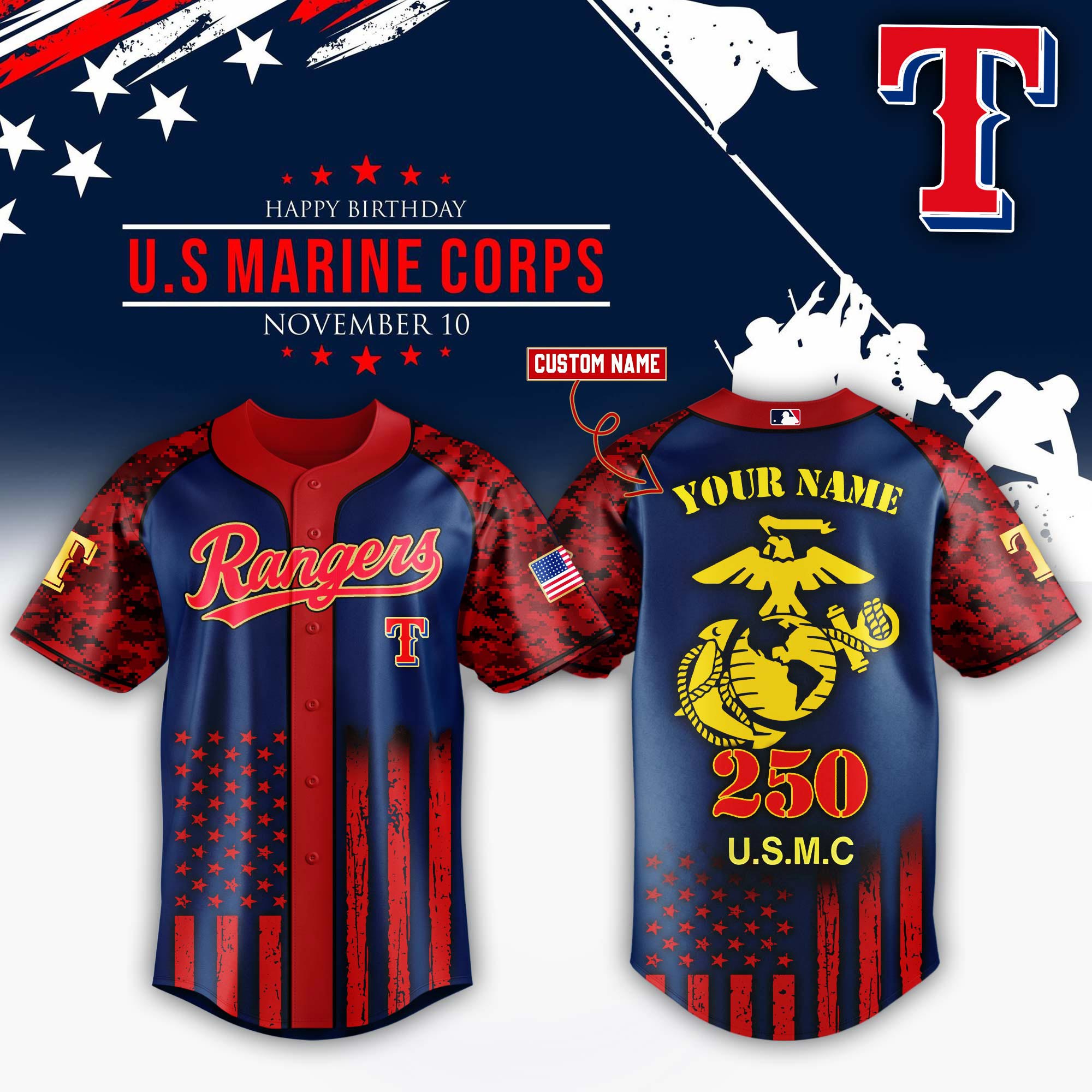 Texas Rangers x USMC 250th Custom Name Baseball Jersey For Sport Teams Fans