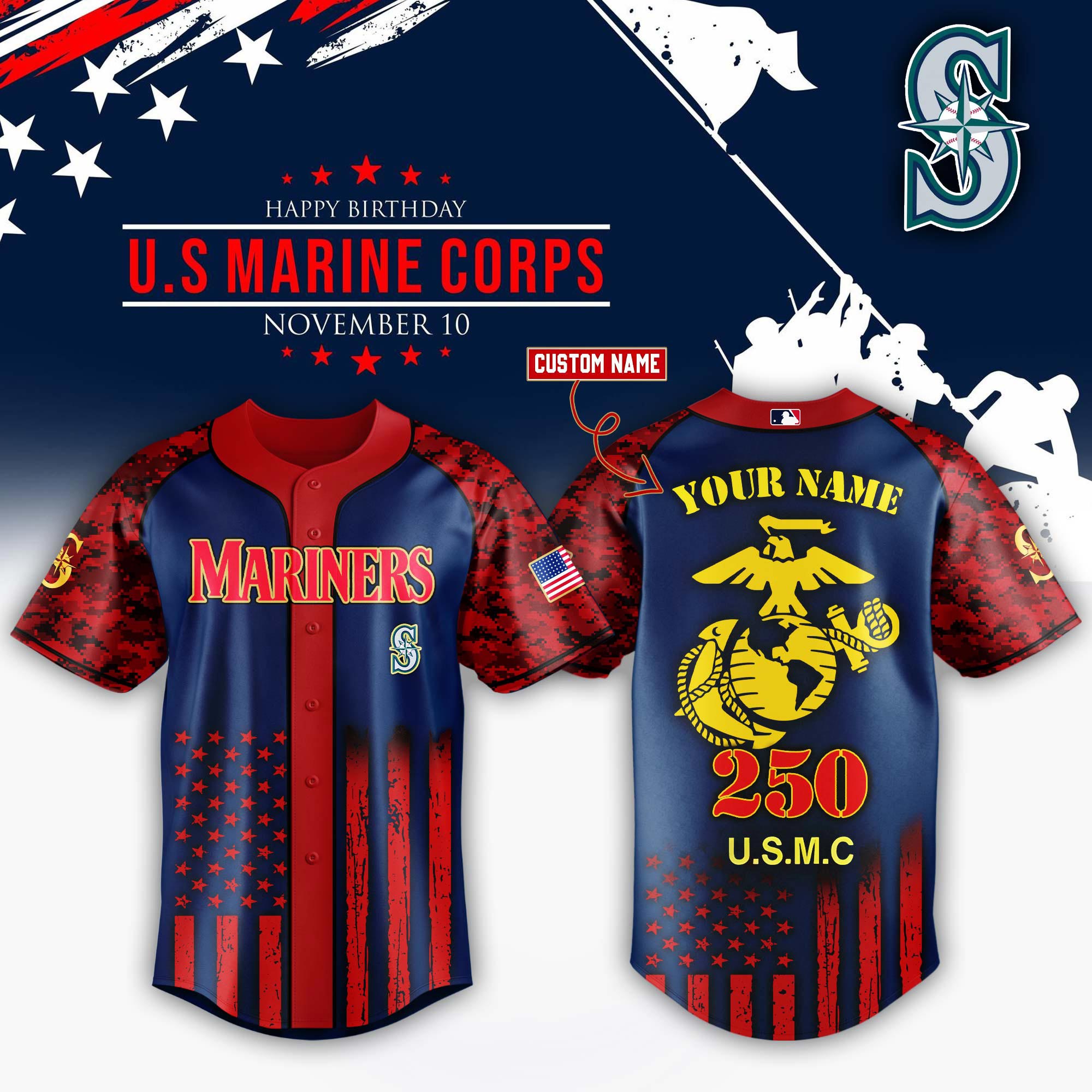 Seattle Mariners x USMC 250th Custom Name Baseball Jersey For Sport Teams Fans