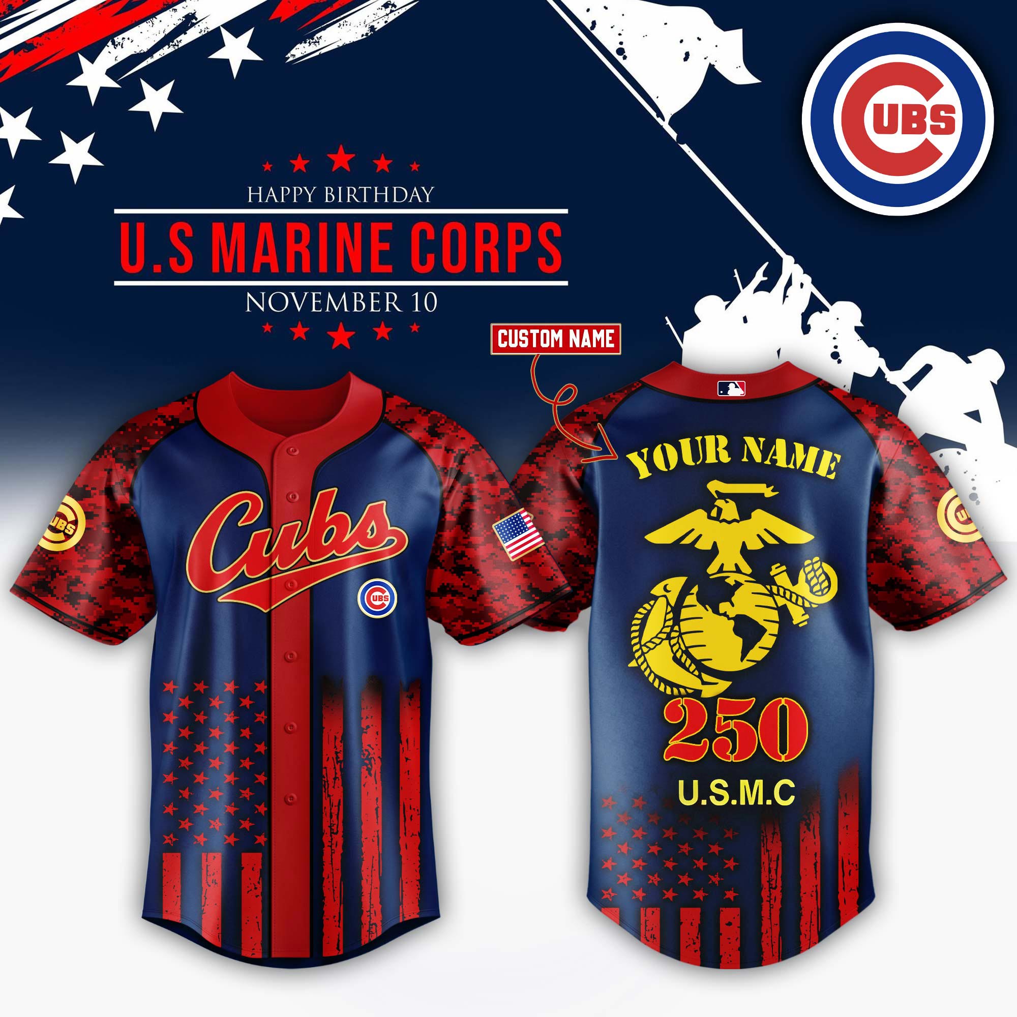 Chicago Cubs x USMC 250th Custom Name Baseball Jersey For Sport Teams Fans