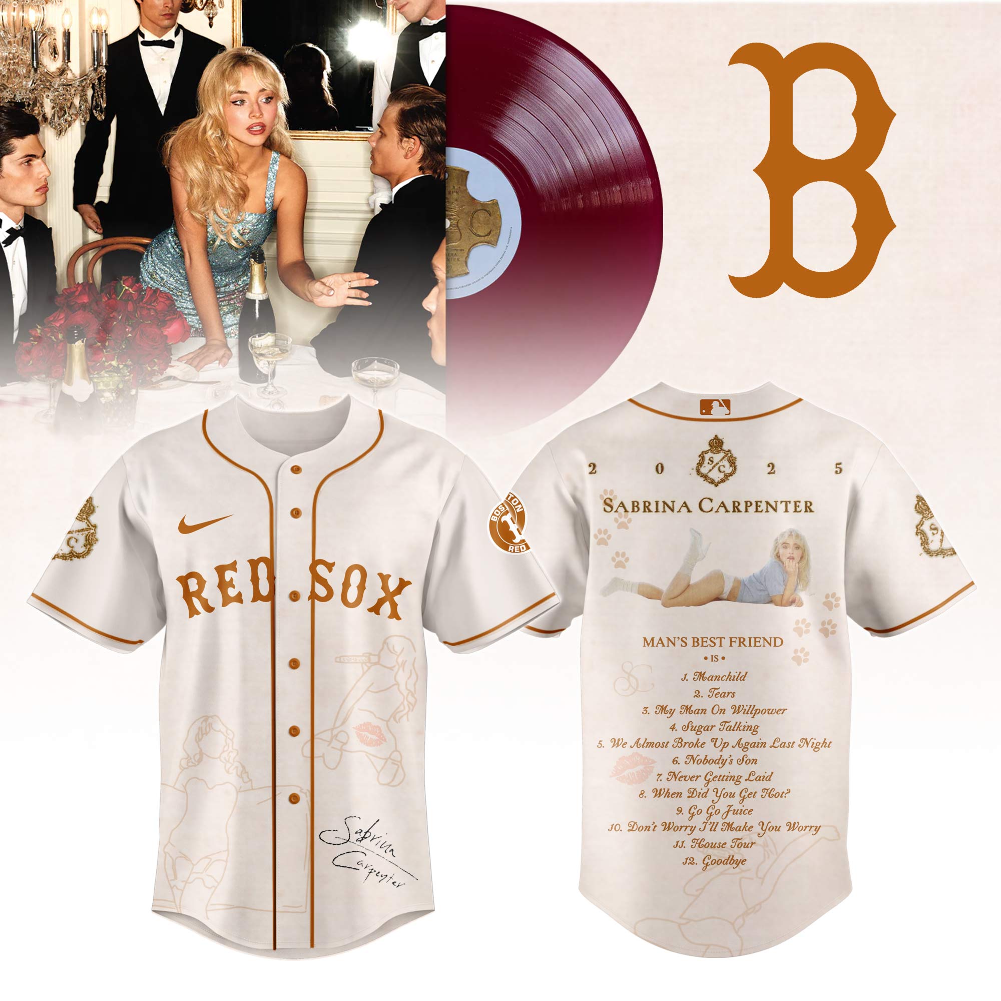 Boston Red Sox x Sabrina Carpenter Mans Best Friend Tracklist Baseball Jersey For Sport Teams Fans