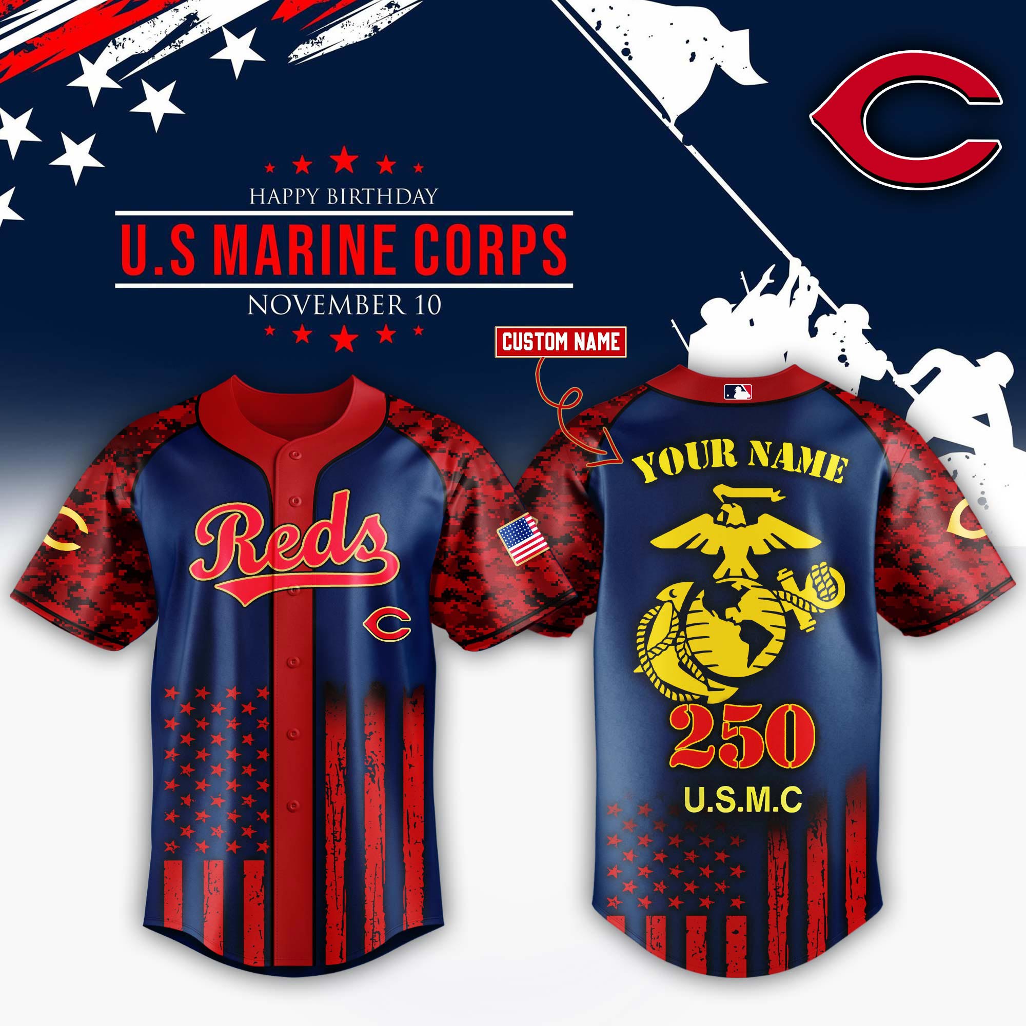 Cincinnati Reds x USMC 250th Custom Name Baseball Jersey For Sport Teams Fans