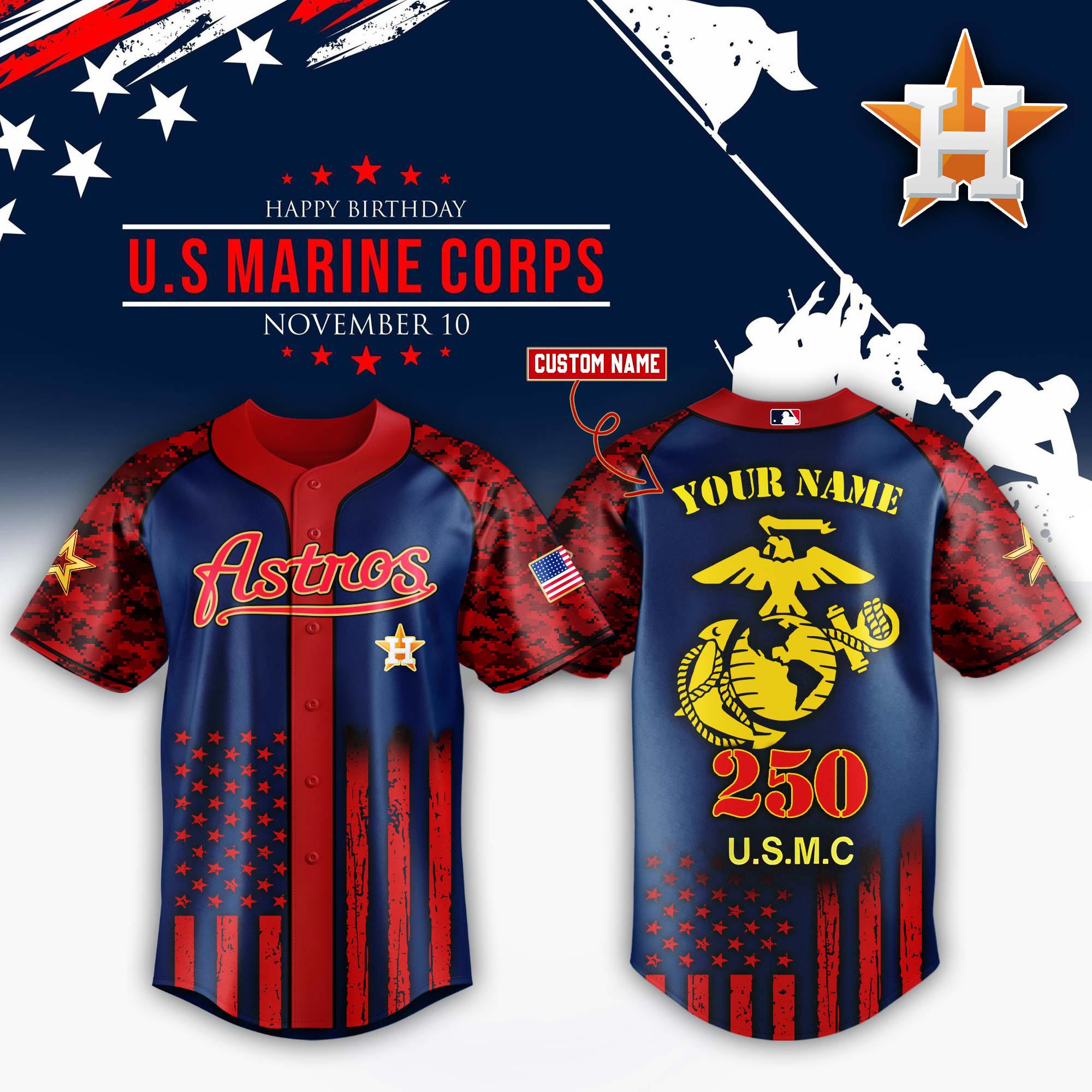 Houston Astros x USMC 250th Custom Name Baseball Jersey For Sport Teams Fans