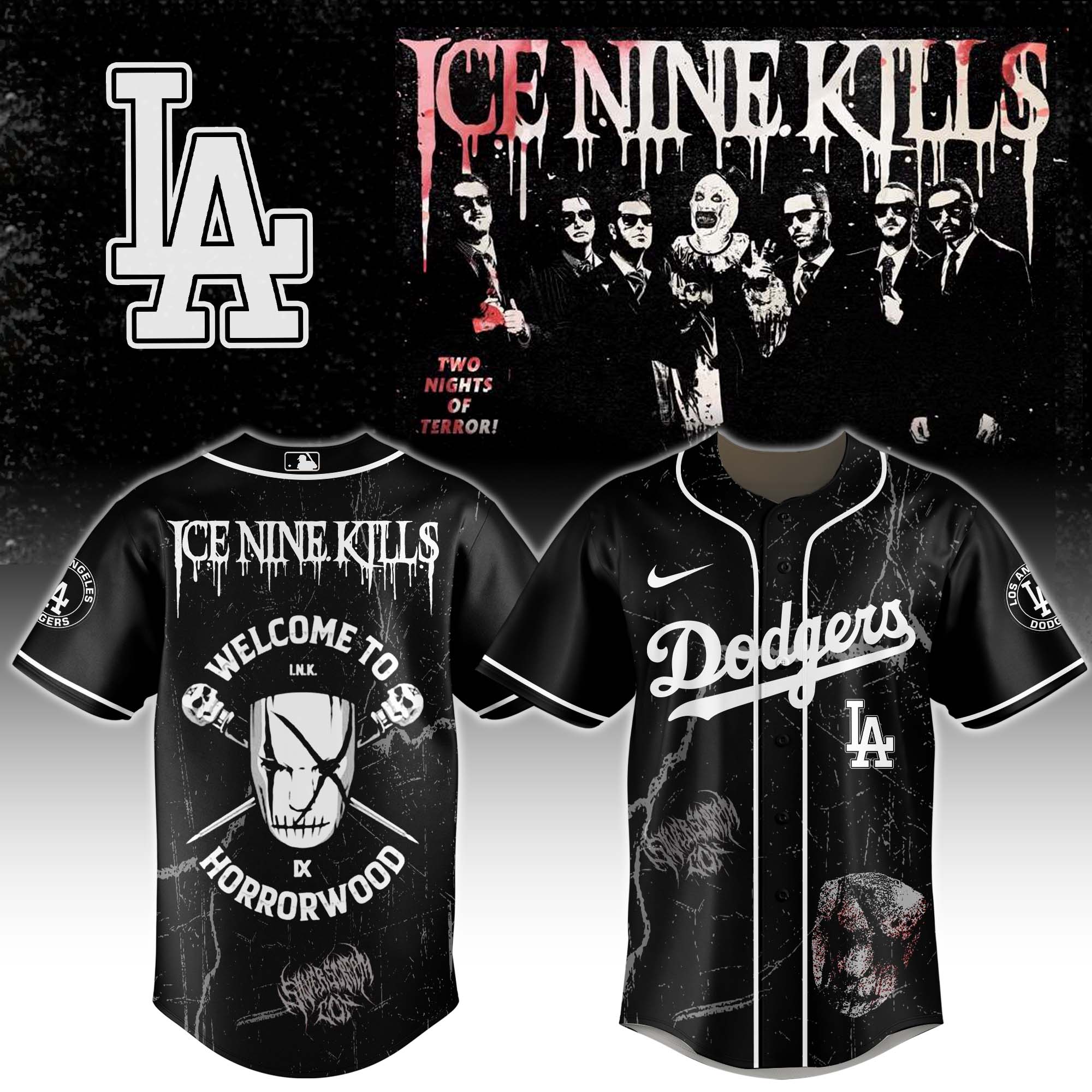 Los Angeles Dodgers x Ice Nine Kills Welcome to Horrorwood Baseball Jersey For Sport Teams Fans