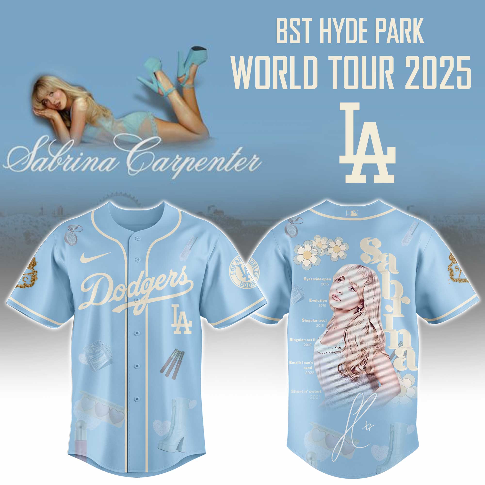 Los Angeles Dodgers x Sabrina Carpenter Short n Sweet Tour Baseball Jersey For Sport Teams Fans