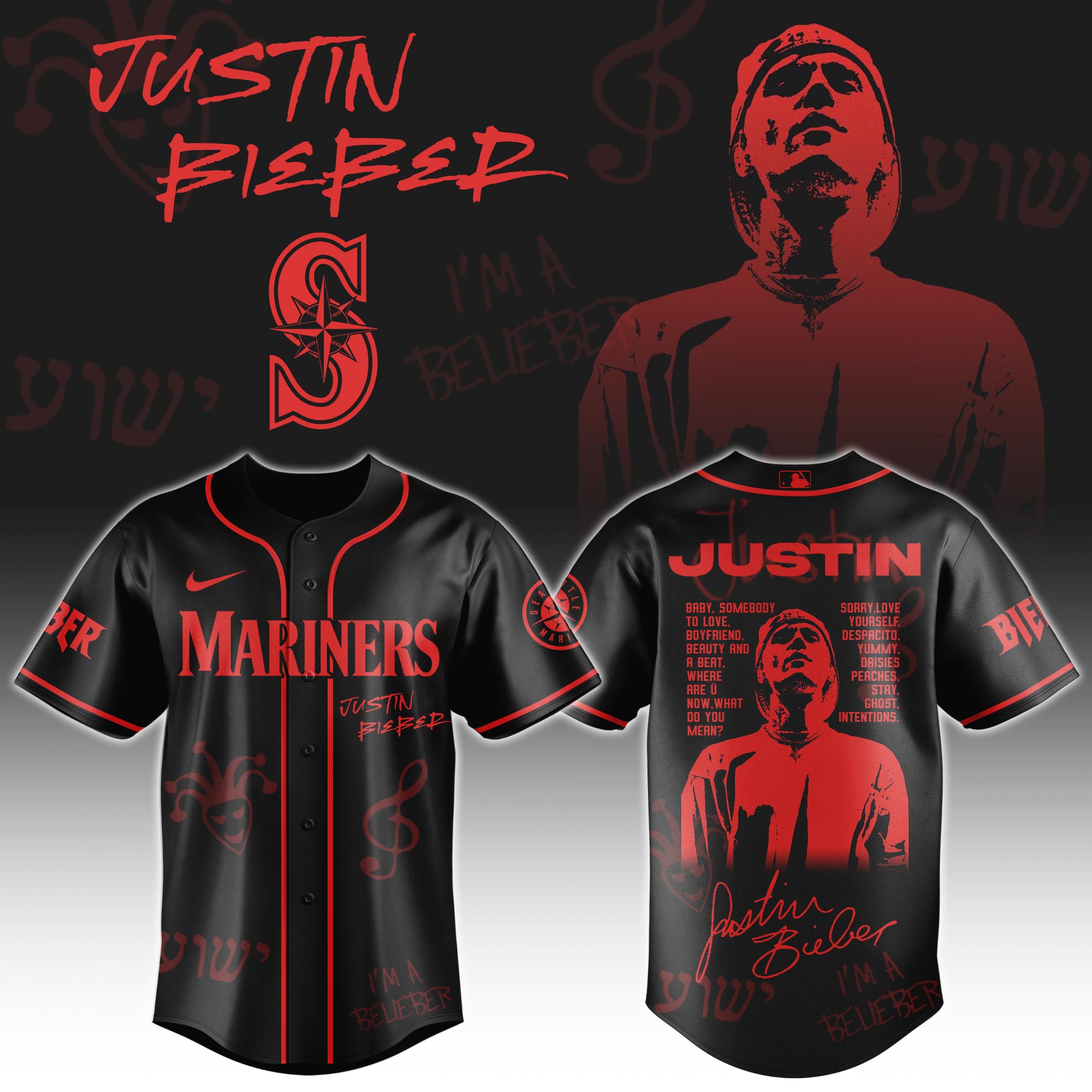 Seattle Mariners x Justin Bieber Black Baseball Jersey For Sport Teams Fans