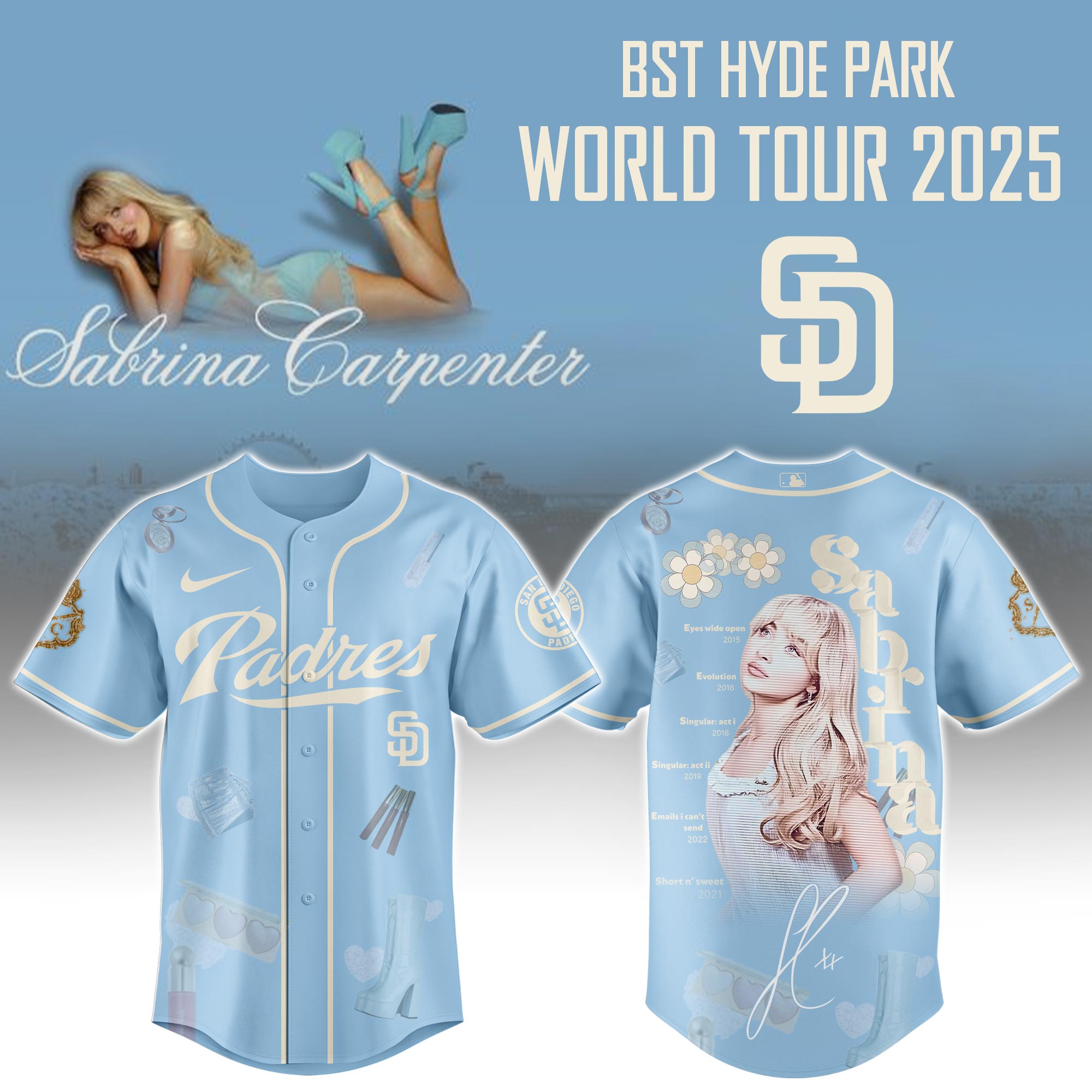 San Diego Padres x Sabrina Carpenter Short n Sweet Tour Baseball Jersey For Sport Teams Fans